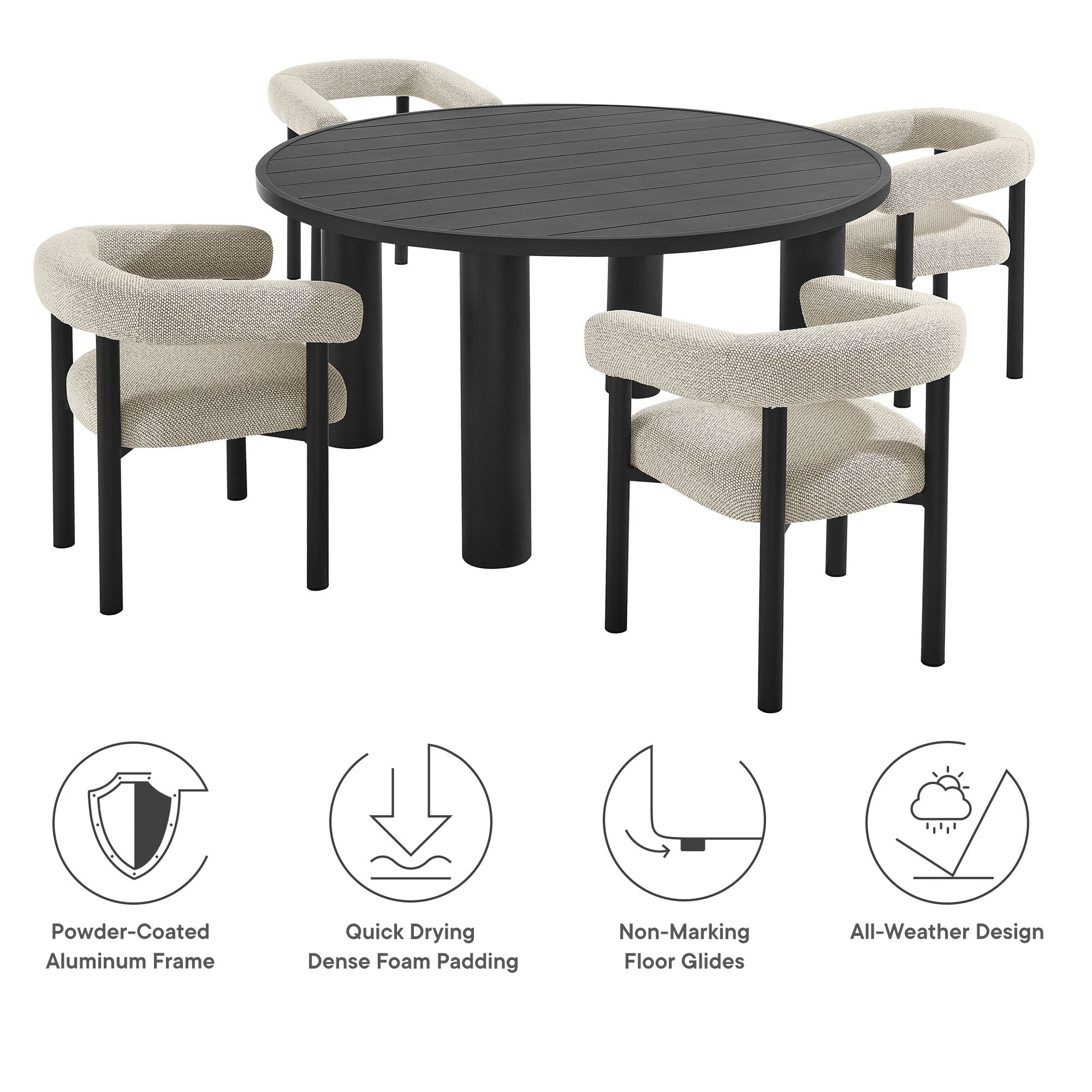 Modway Nautica 5-Piece Round Outdoor Patio Aluminum Dining Table and Chairs Set