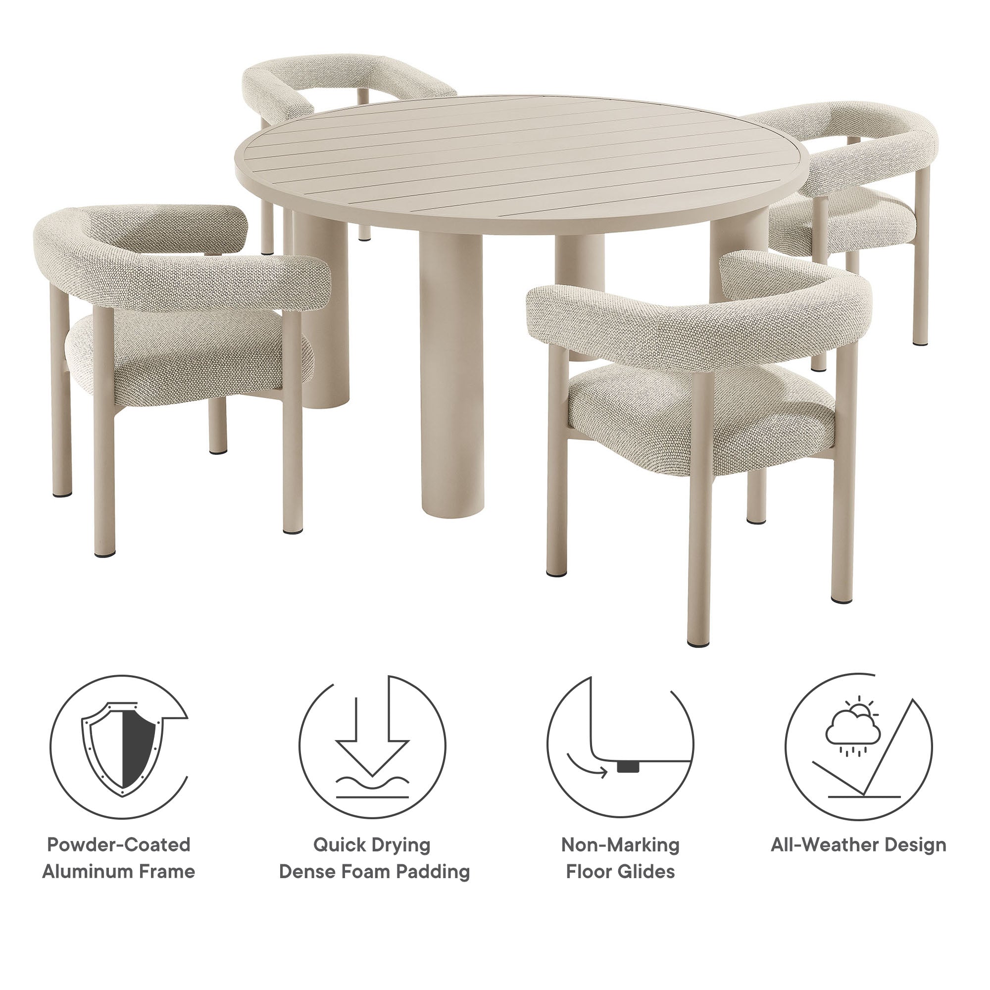 Modway Nautica 5-Piece Round Outdoor Patio Aluminum Dining Table and Chairs Set