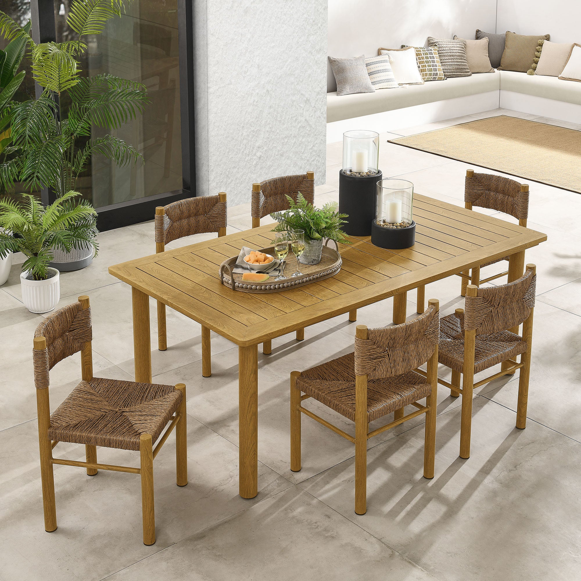 Modway Parkland 7-Piece Rectangular Outdoor Patio Rattan and Aluminum Dining Table and Chairs Set