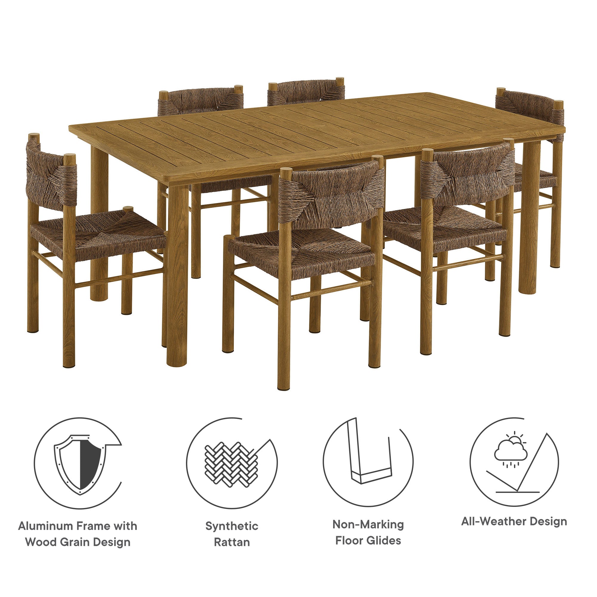Modway Parkland 7-Piece Rectangular Outdoor Patio Rattan and Aluminum Dining Table and Chairs Set