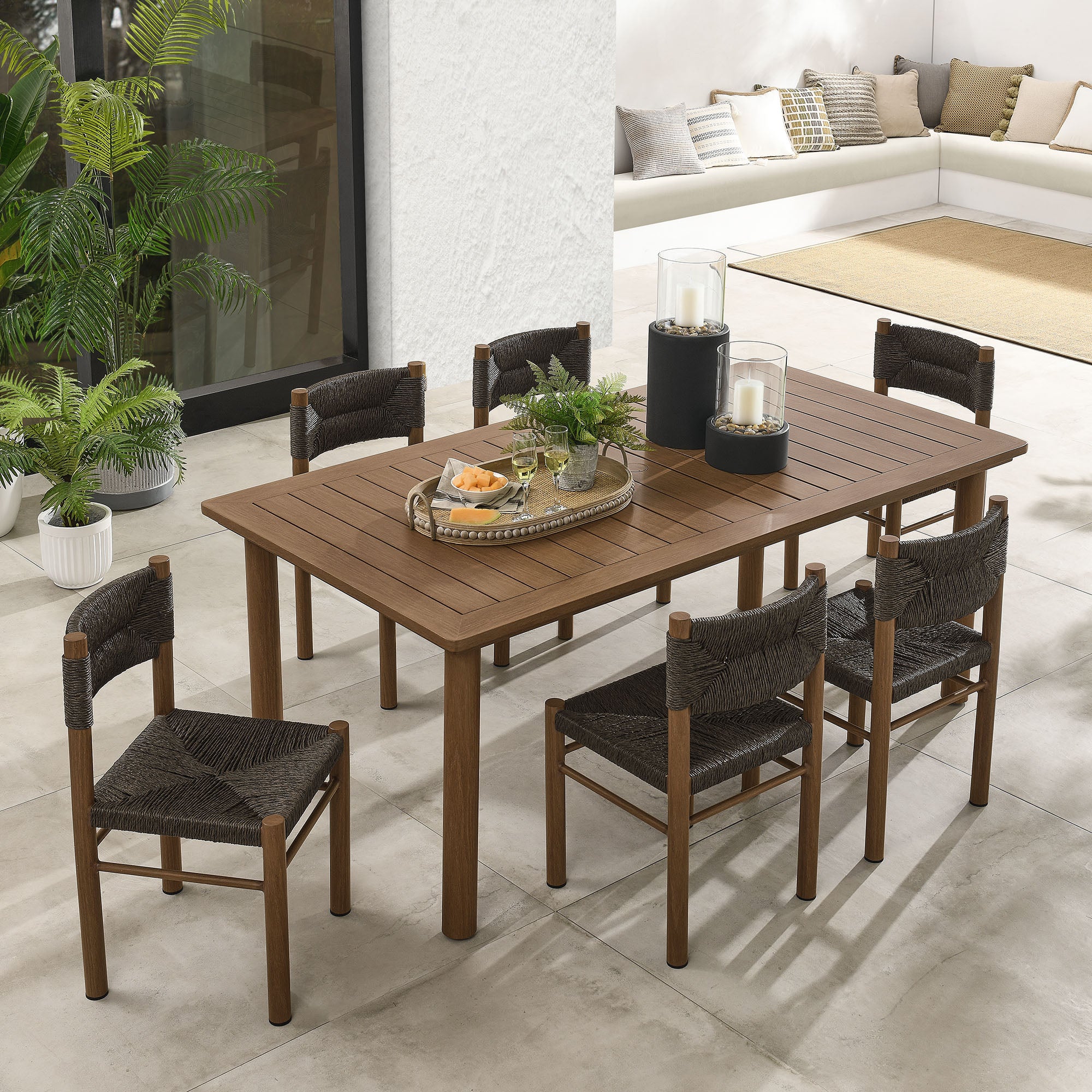 Modway Parkland 7-Piece Rectangular Outdoor Patio Rattan and Aluminum Dining Table and Chairs Set