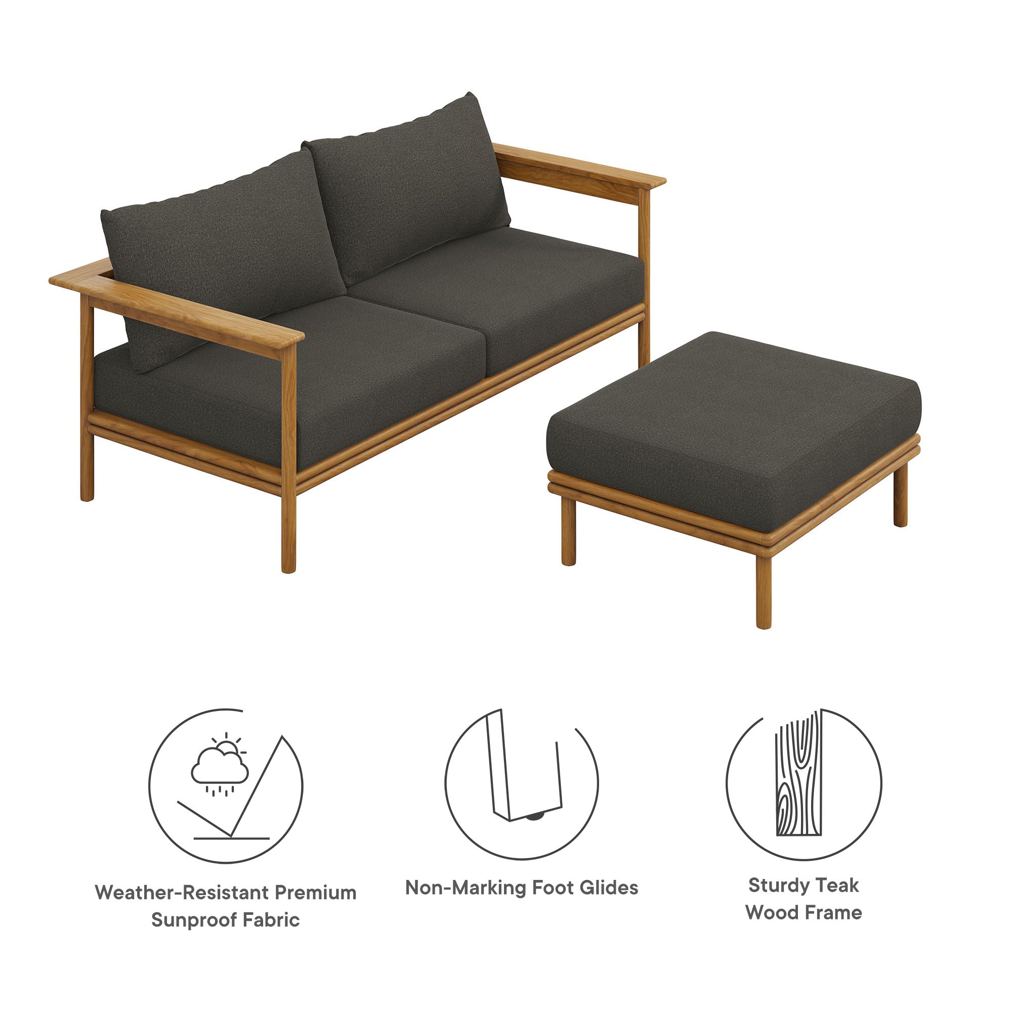 Modway Wren 2-Piece Outdoor Patio Teak Wood Sofa and Ottoman Set