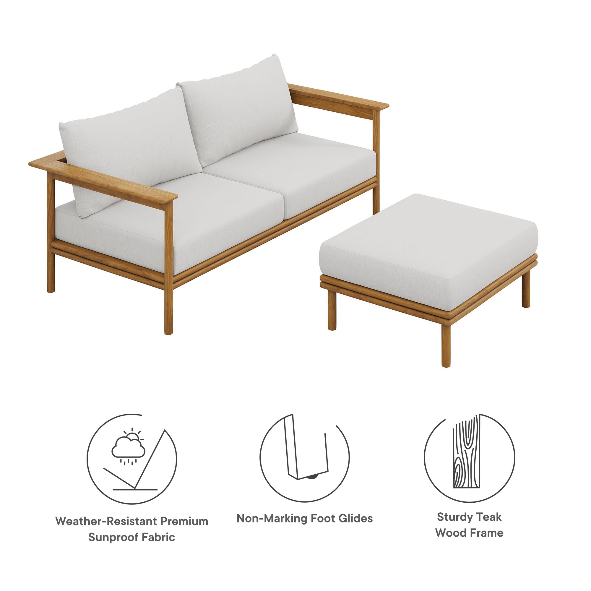 Modway Wren 2-Piece Outdoor Patio Teak Wood Sofa and Ottoman Set