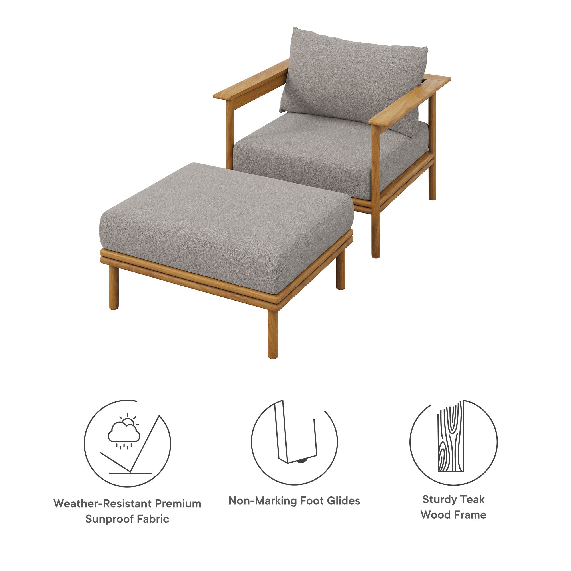 Modway Wren Outdoor Patio Teak Wood Armchair and Ottoman Set