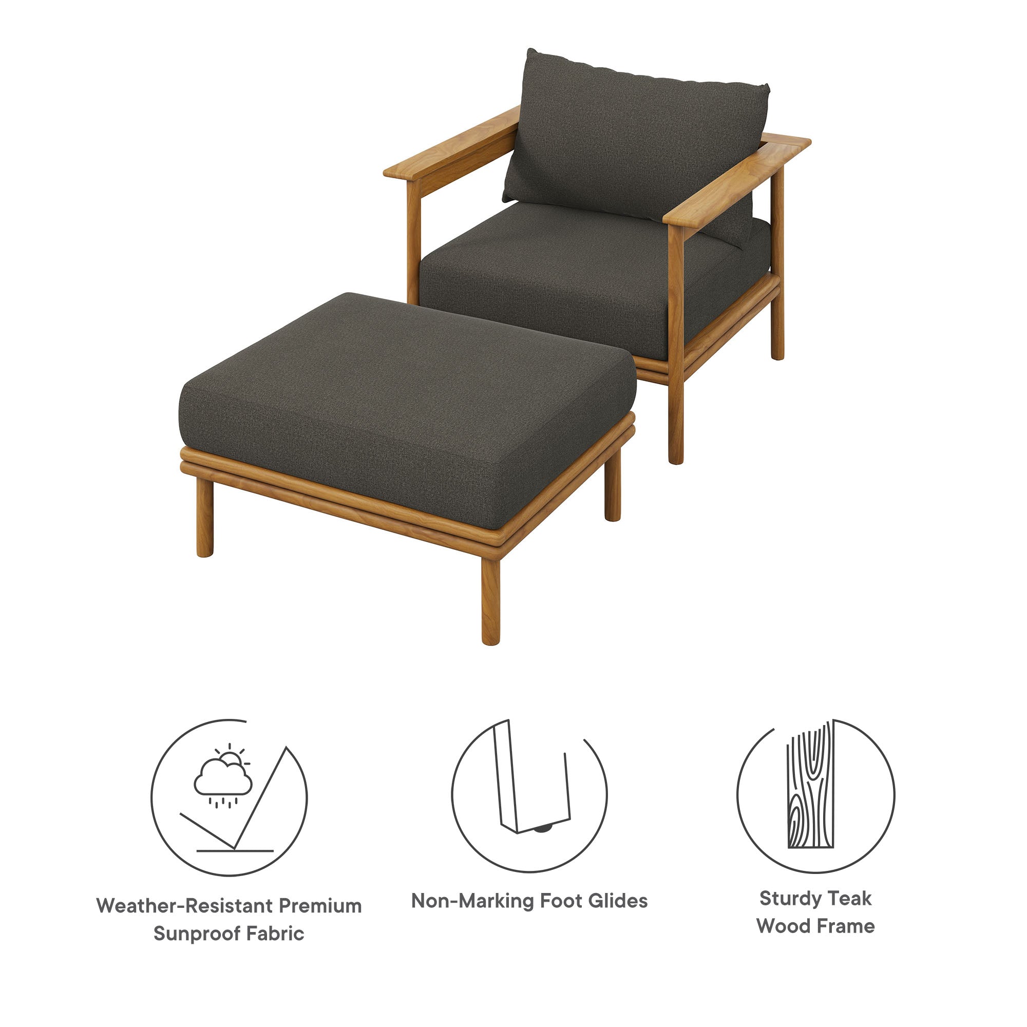 Modway Wren Outdoor Patio Teak Wood Armchair and Ottoman Set