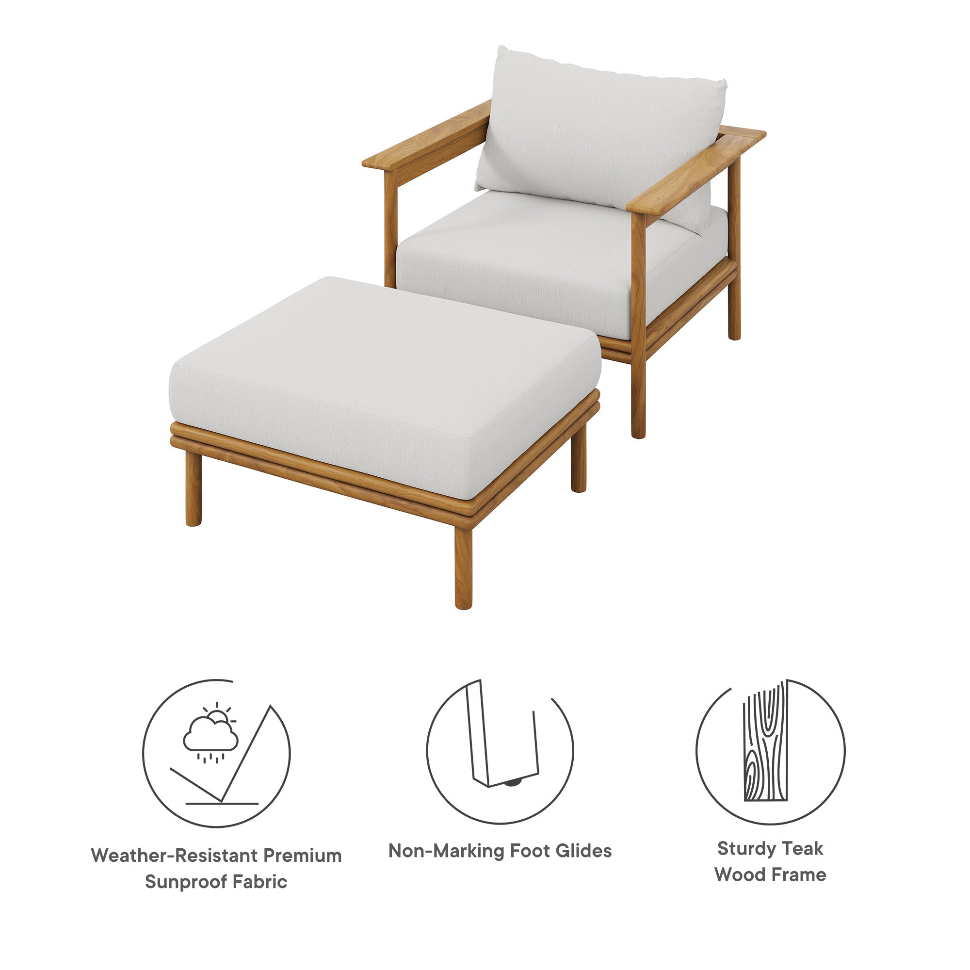Modway Wren Outdoor Patio Teak Wood Armchair and Ottoman Set
