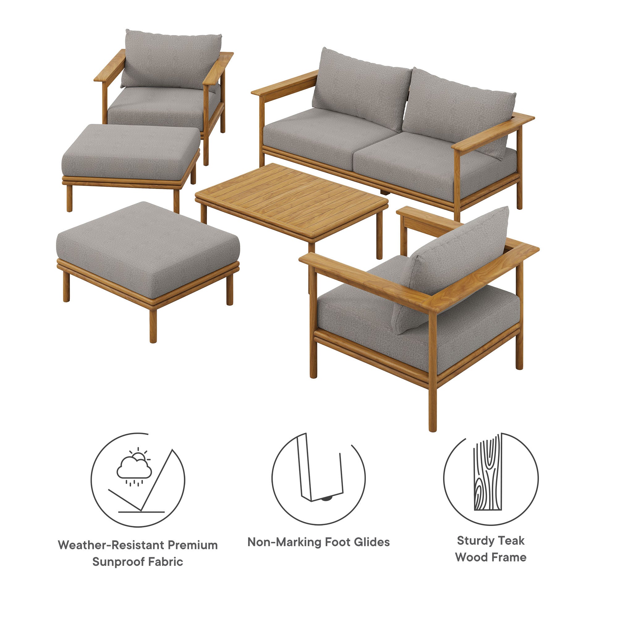 Modway Wren 6-Piece Outdoor Patio Teak Wood Furniture Set