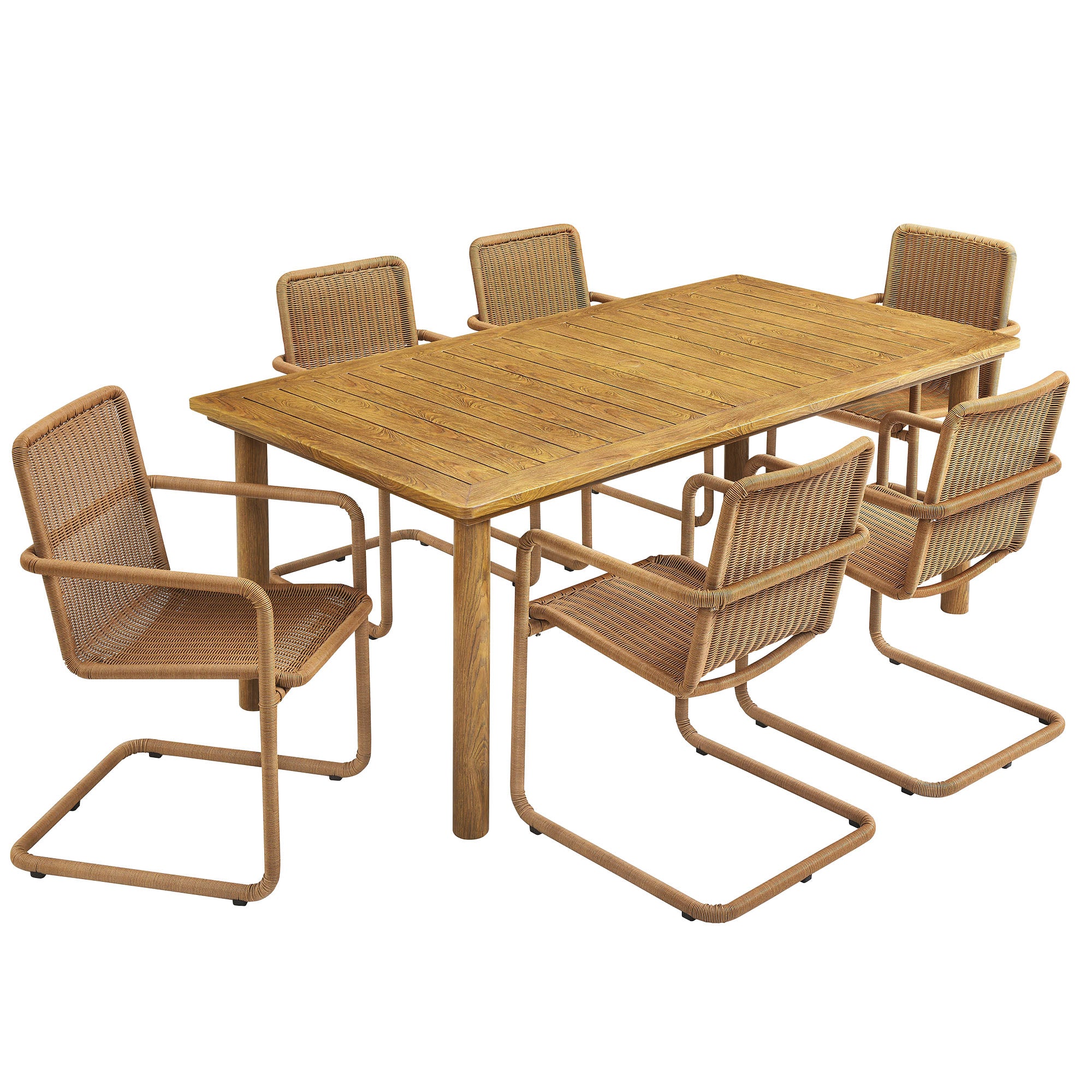Modway Abacus 7-Piece Rectangular Outdoor Patio Aluminum Dining Table Set with Rattan Armchairs