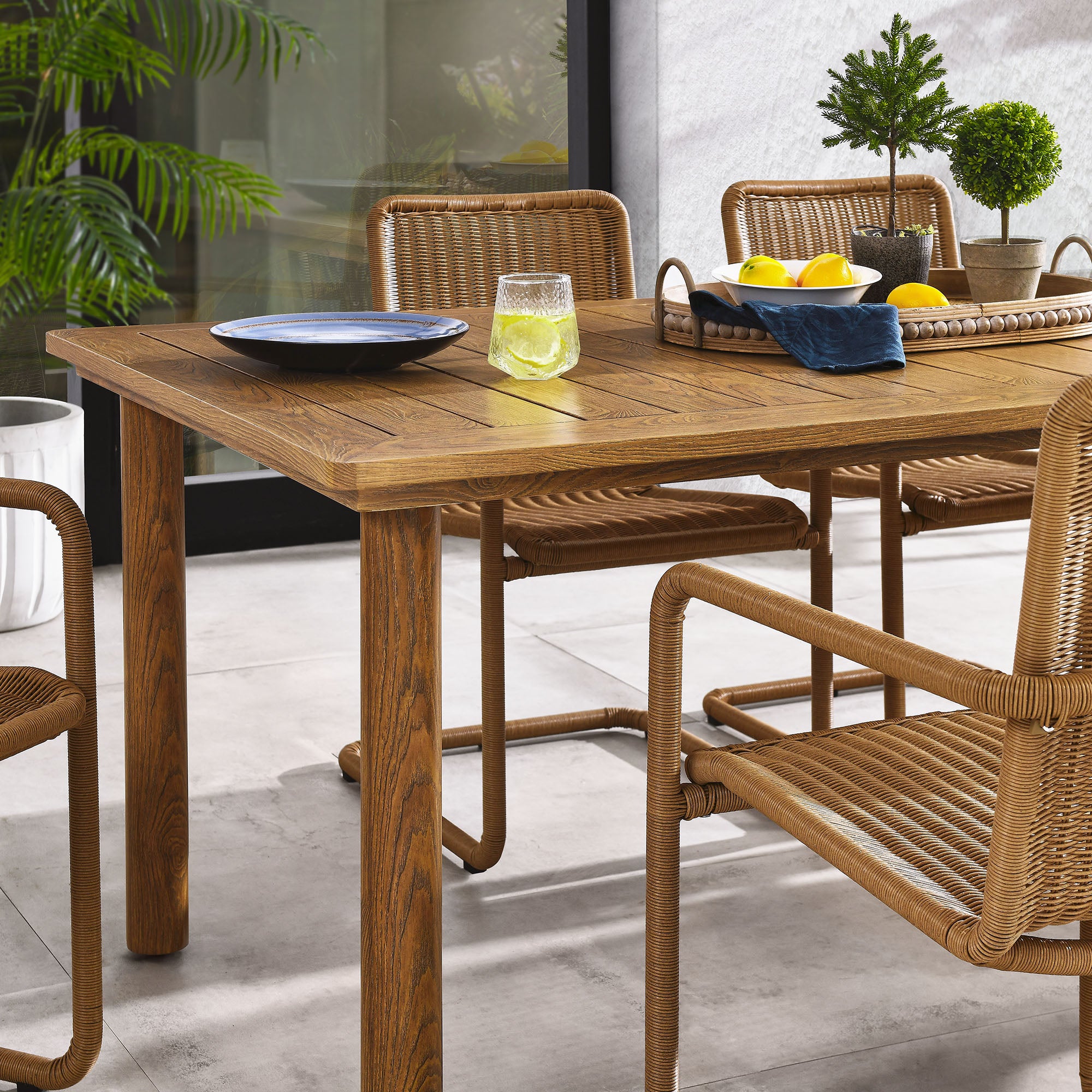 Modway Abacus 7-Piece Rectangular Outdoor Patio Aluminum Dining Table Set with Rattan Armchairs