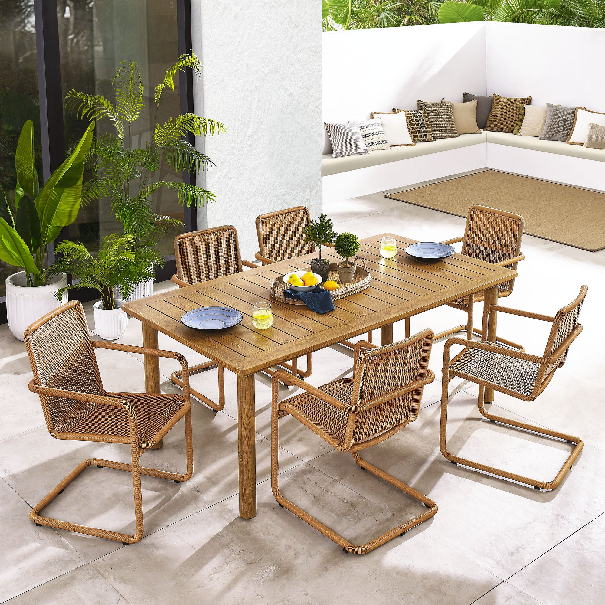 Modway Abacus 7-Piece Rectangular Outdoor Patio Aluminum Dining Table Set with Rattan Armchairs