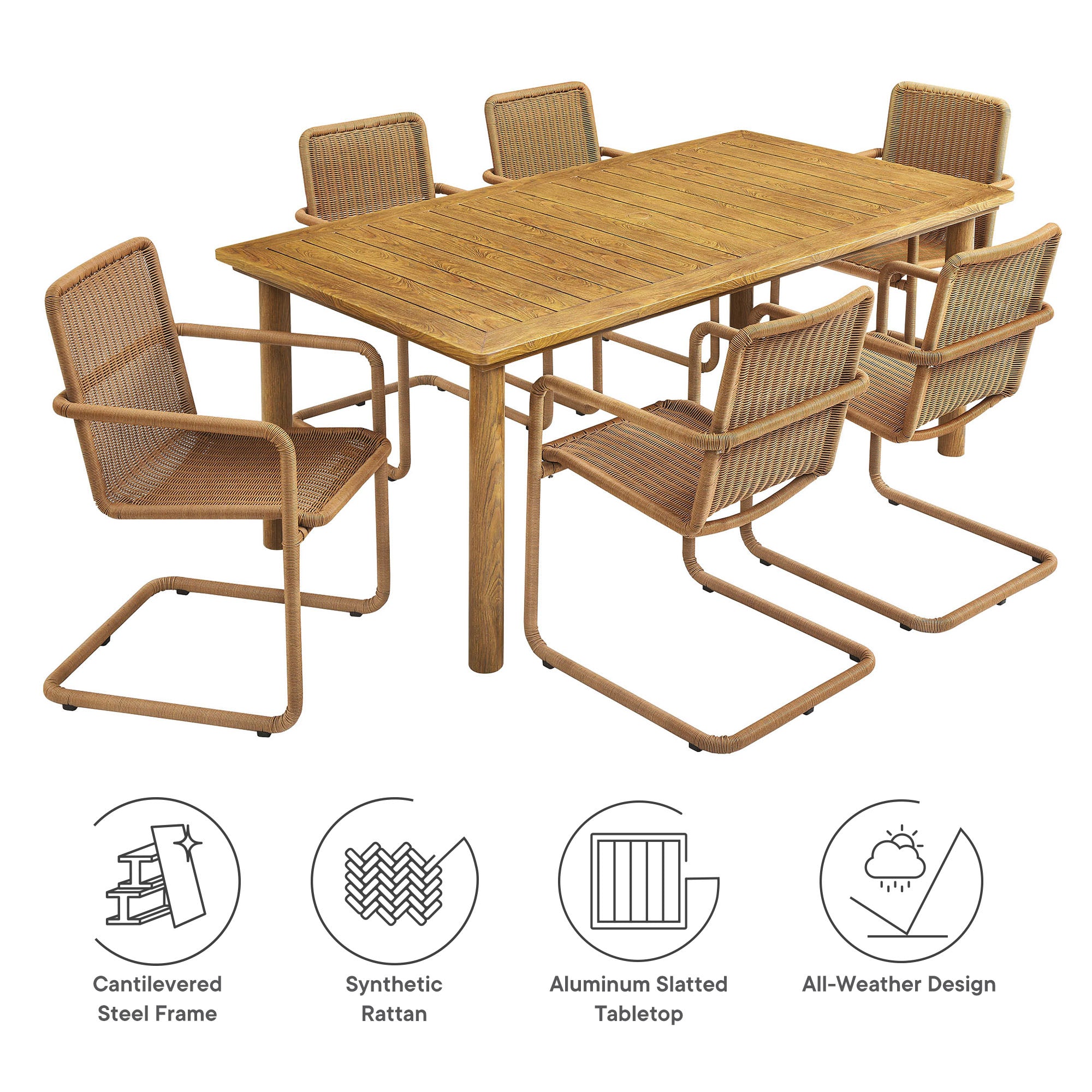 Modway Abacus 7-Piece Rectangular Outdoor Patio Aluminum Dining Table Set with Rattan Armchairs
