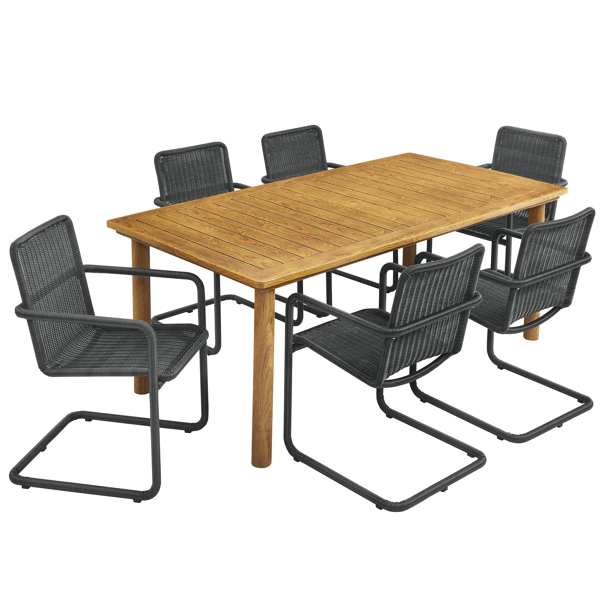 Modway Abacus 7-Piece Rectangular Outdoor Patio Aluminum Dining Table Set with Rattan Armchairs