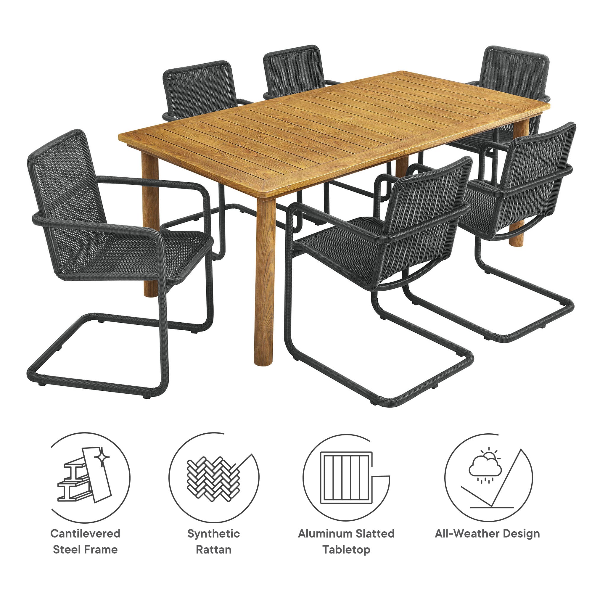 Modway Abacus 7-Piece Rectangular Outdoor Patio Aluminum Dining Table Set with Rattan Armchairs