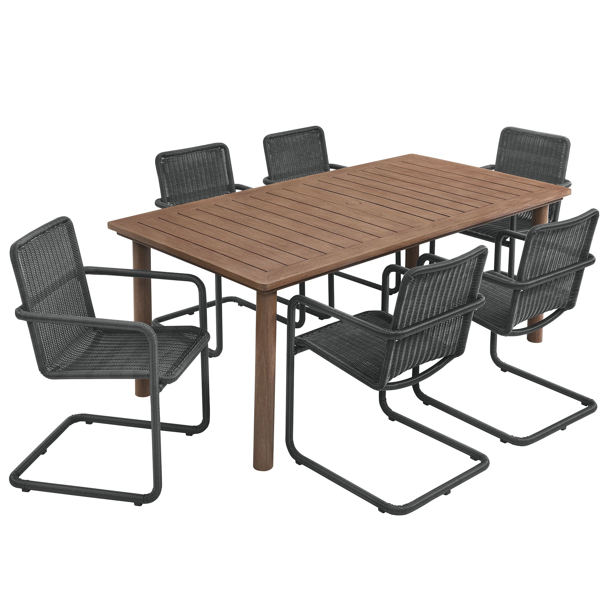 Modway Abacus 7-Piece Rectangular Outdoor Patio Aluminum Dining Table Set with Rattan Armchairs