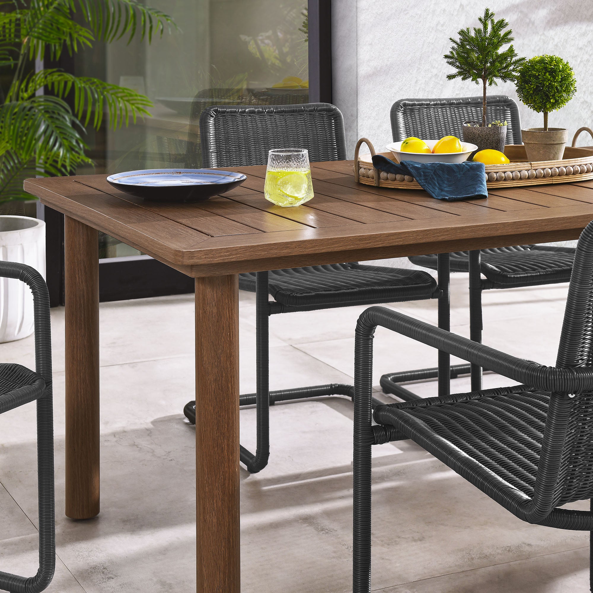 Modway Abacus 7-Piece Rectangular Outdoor Patio Aluminum Dining Table Set with Rattan Armchairs