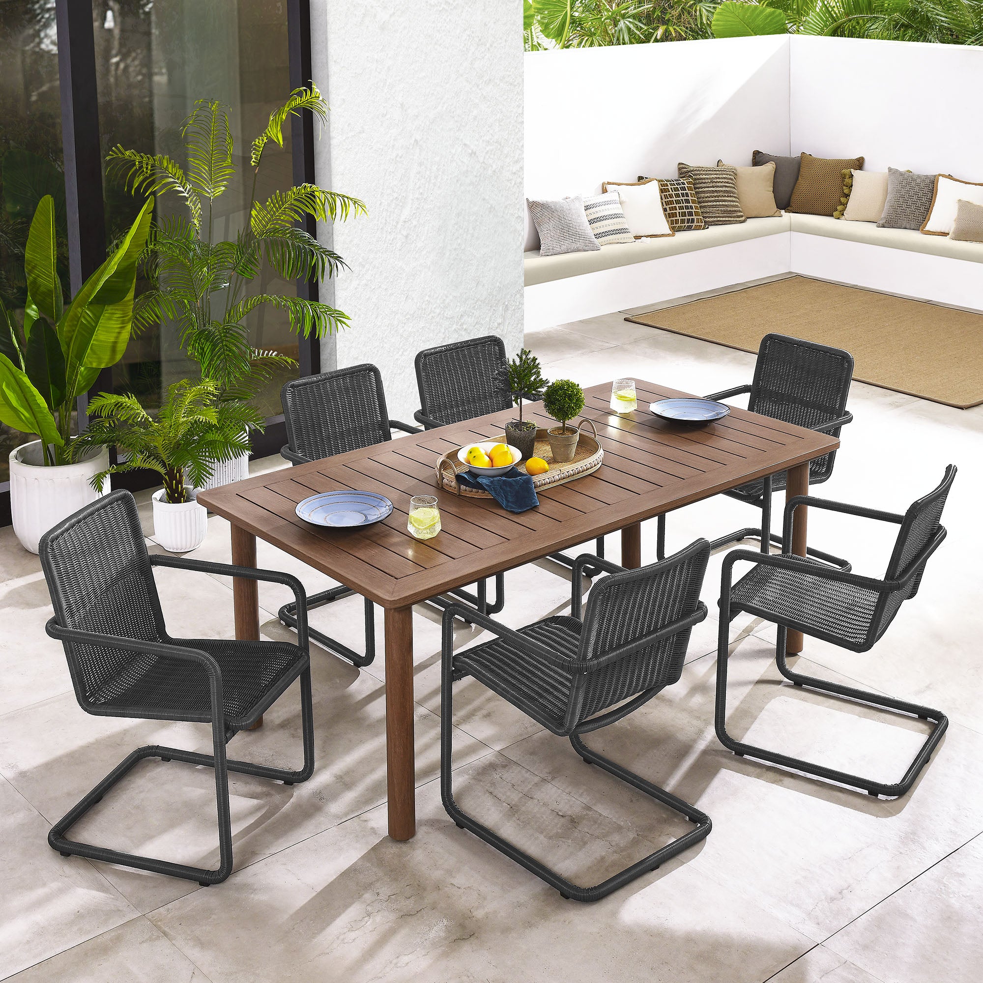 Modway Abacus 7-Piece Rectangular Outdoor Patio Aluminum Dining Table Set with Rattan Armchairs