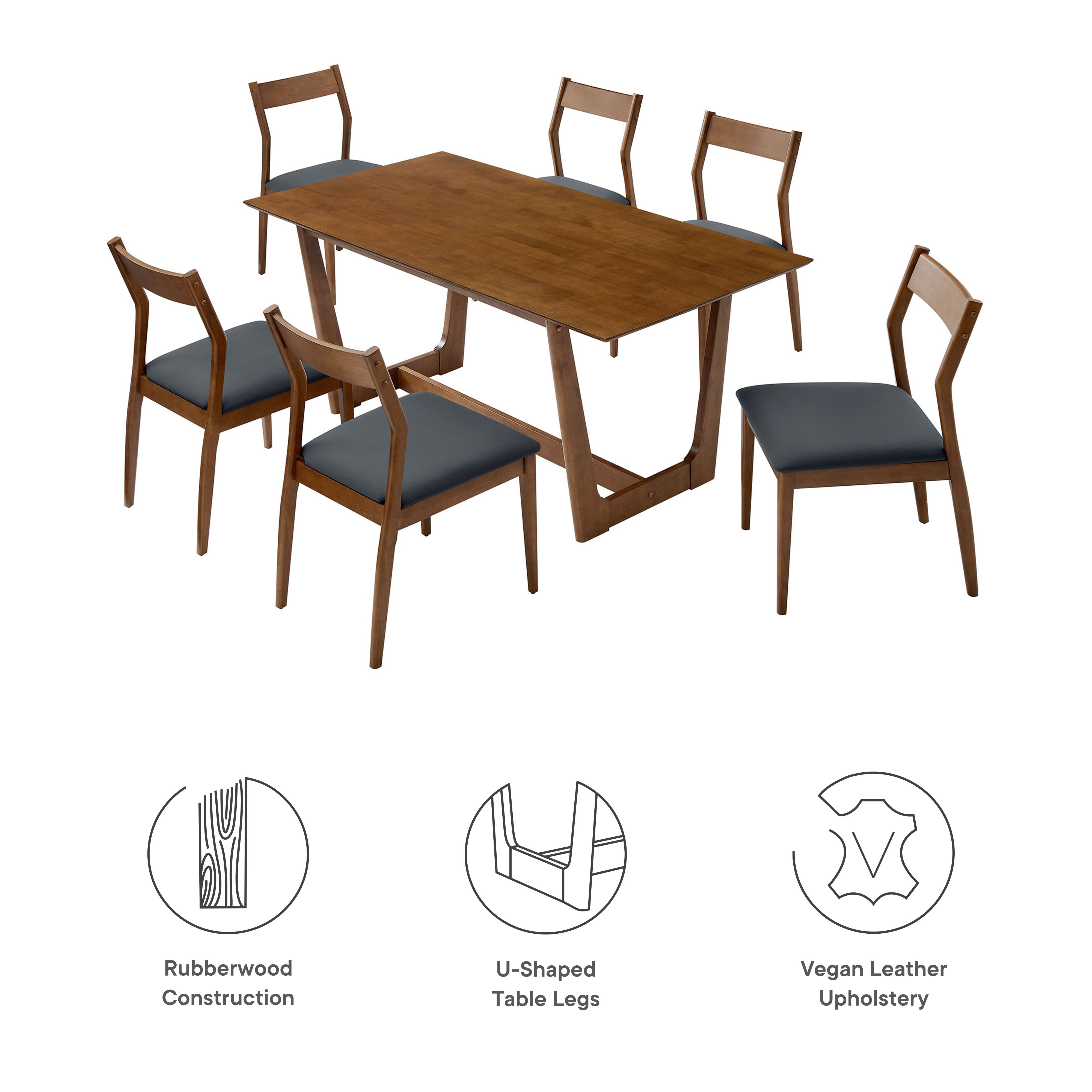 Modway Solara 7-Piece Wood Dining Set with Vegan Leather Side Chairs
