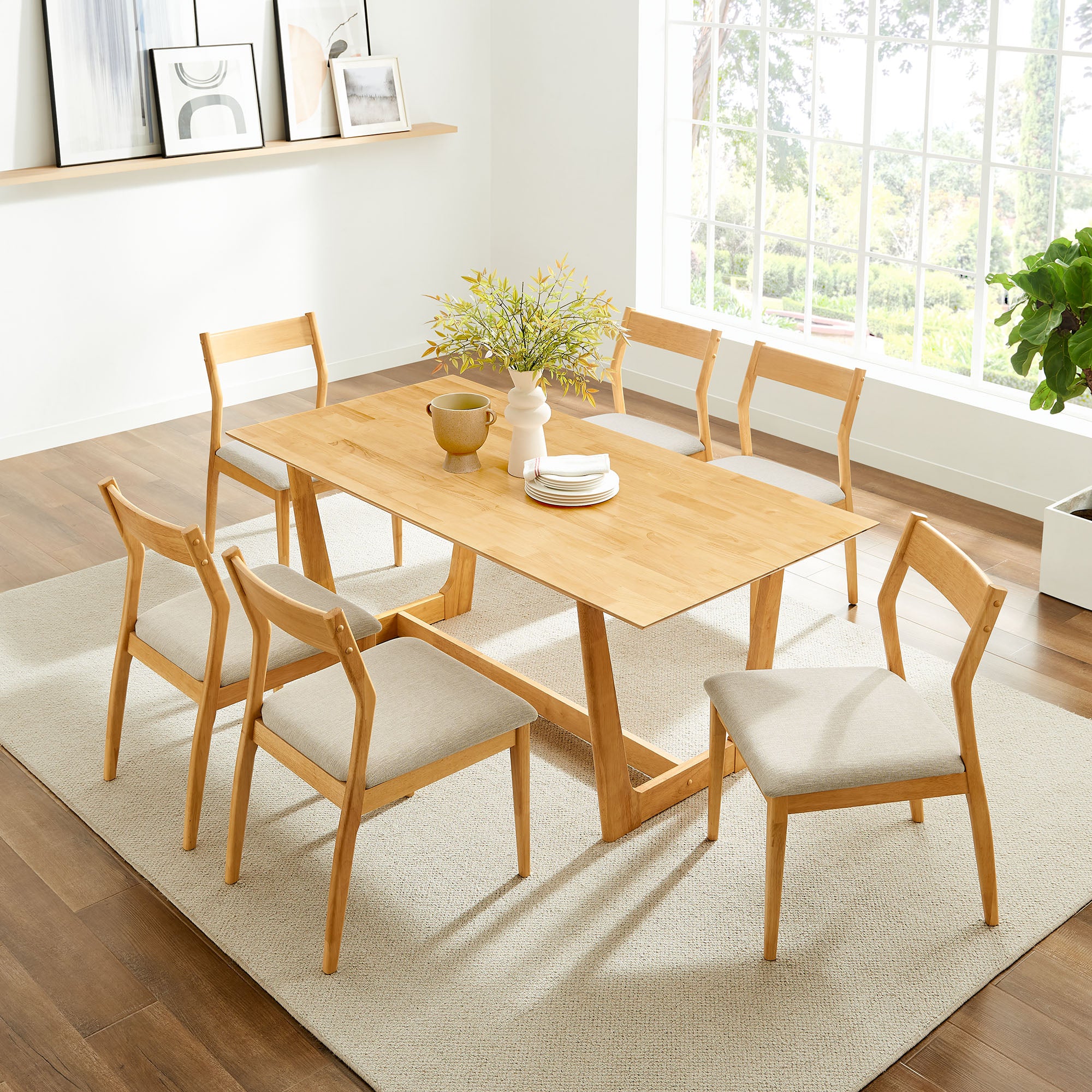 Modway Solara 7-Piece Wood Dining Set with Fabric Upholstered Side Chairs