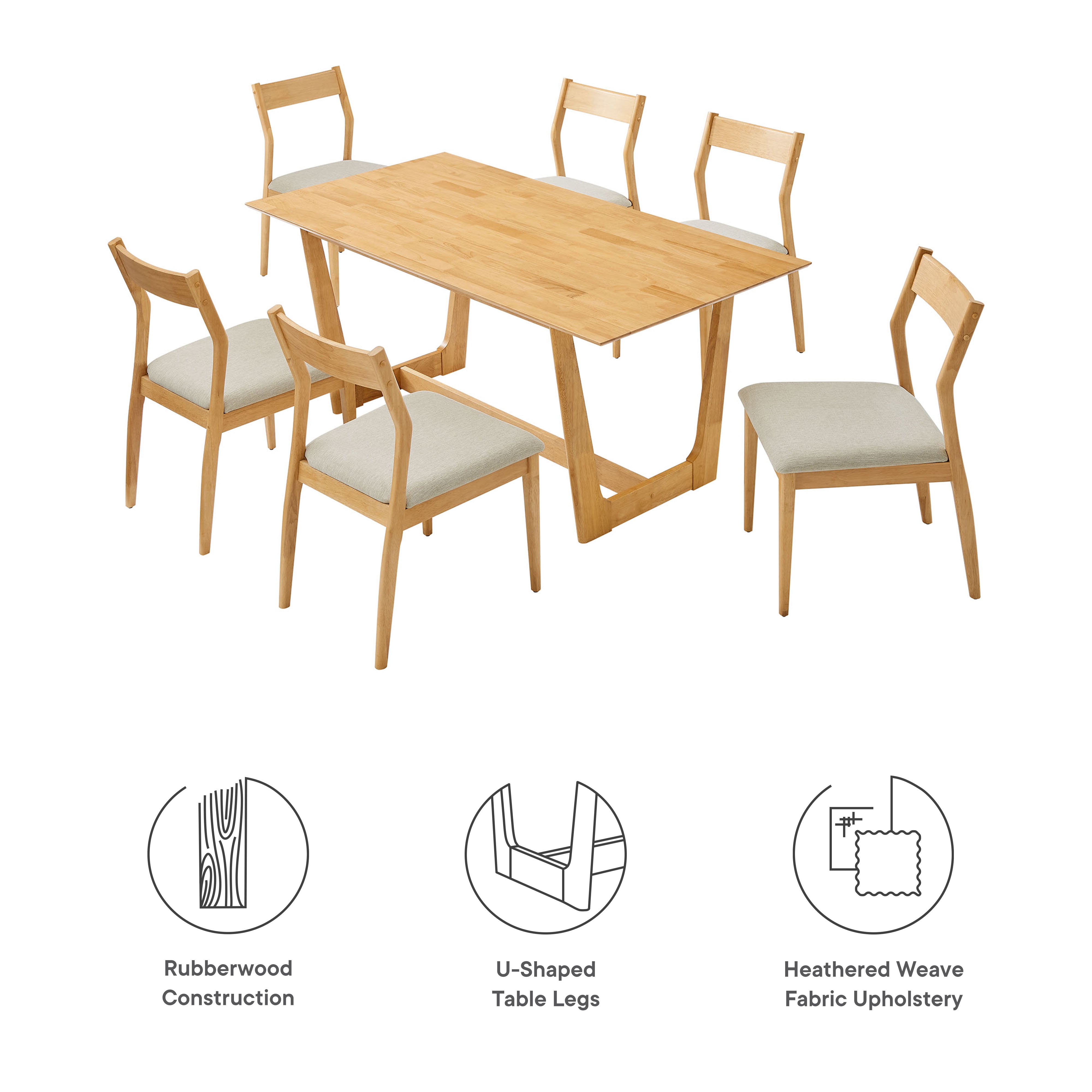 Modway Solara 7-Piece Wood Dining Set with Fabric Upholstered Side Chairs