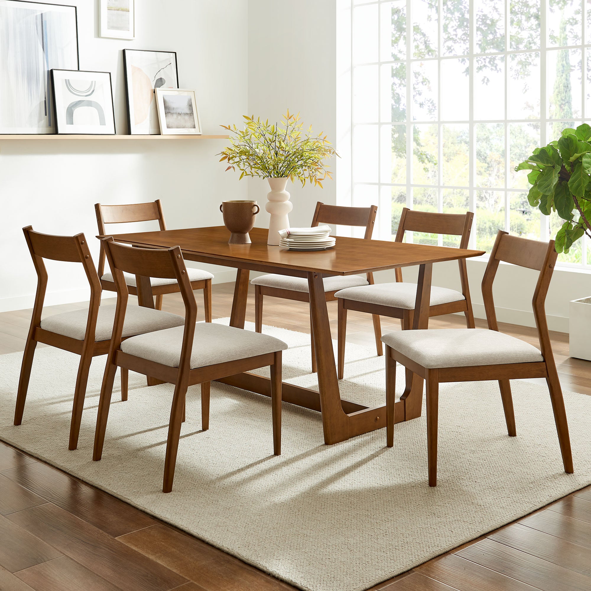 Modway Solara 7-Piece Wood Dining Set with Fabric Upholstered Side Chairs