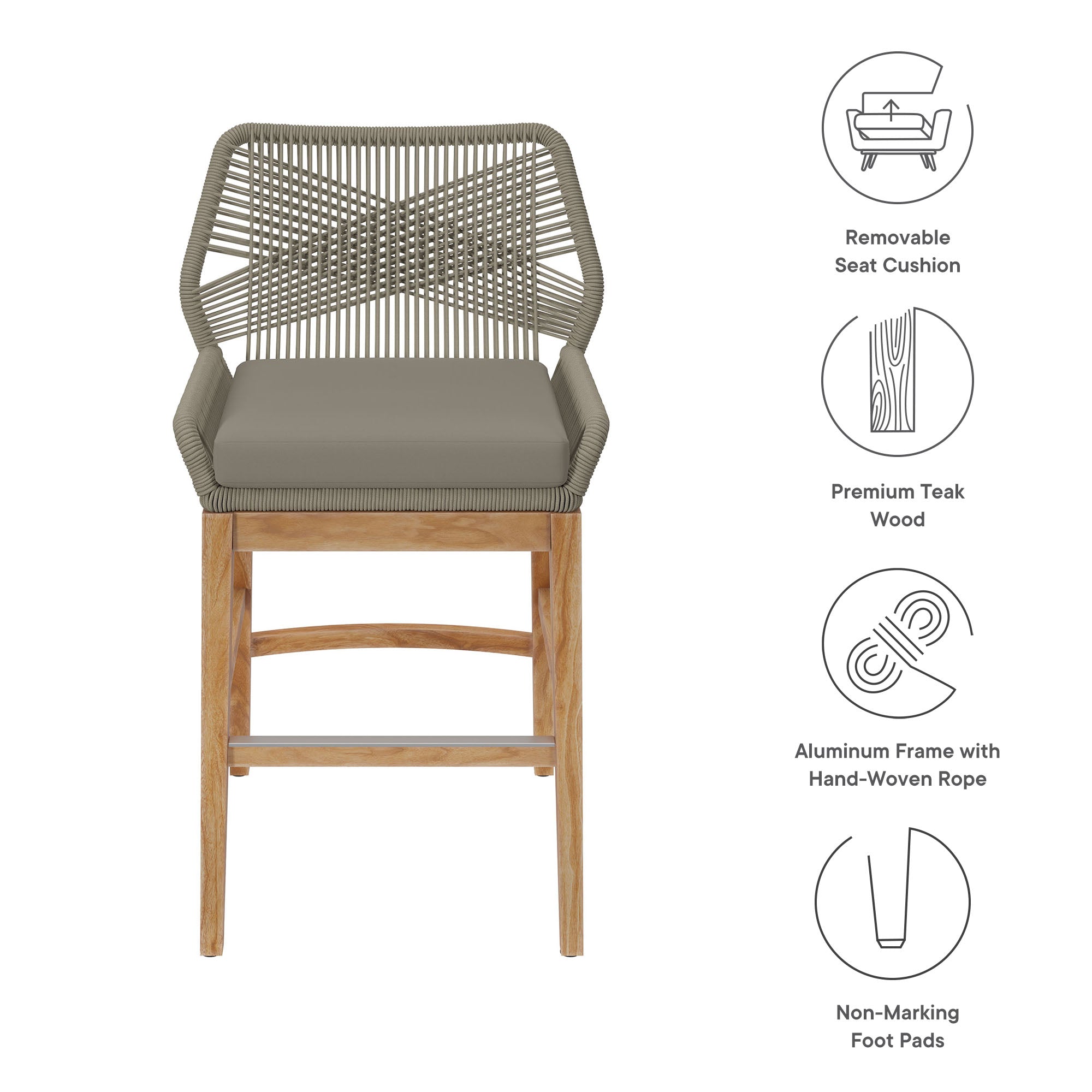 Modway Wellspring Outdoor Patio Teak and Rope Counter Stool