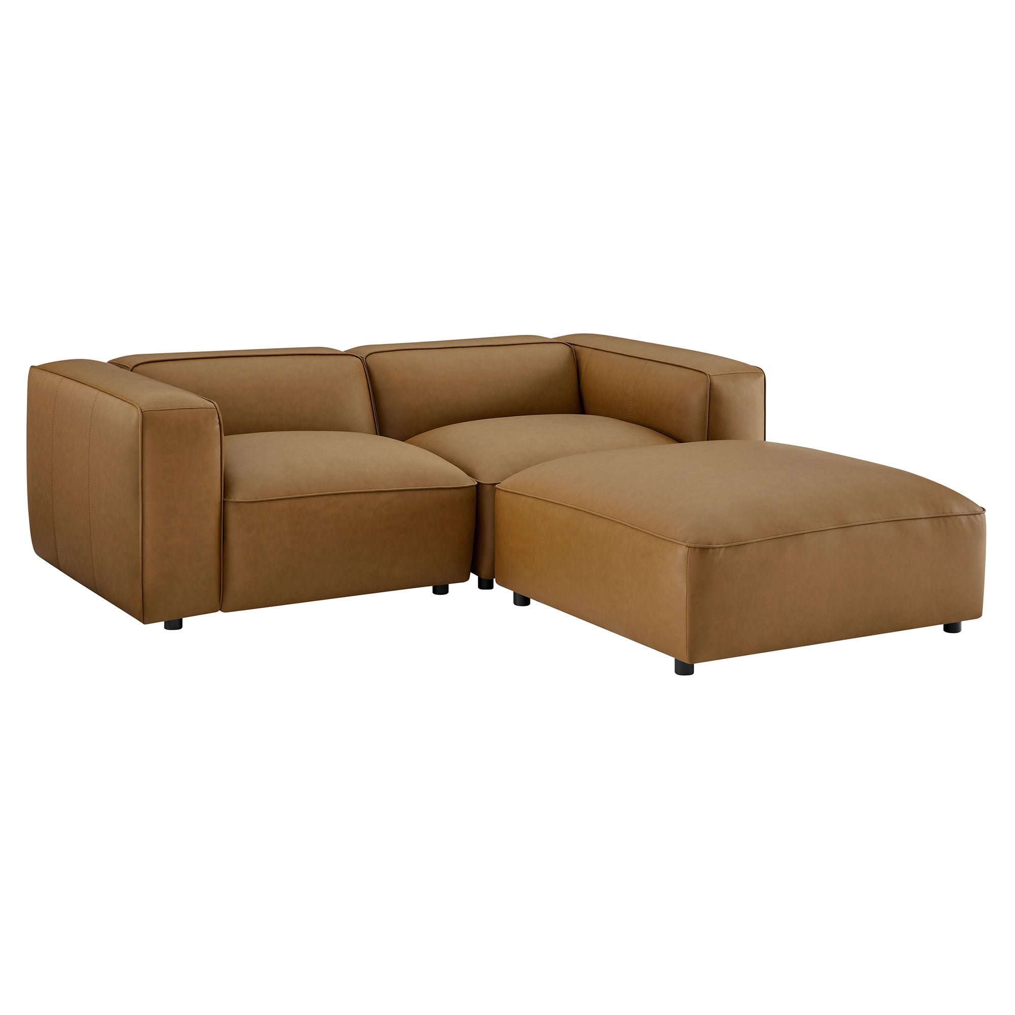 Modway Auren 3-Piece Upholstered Vegan Leather Modular Loveseat with Ottoman
