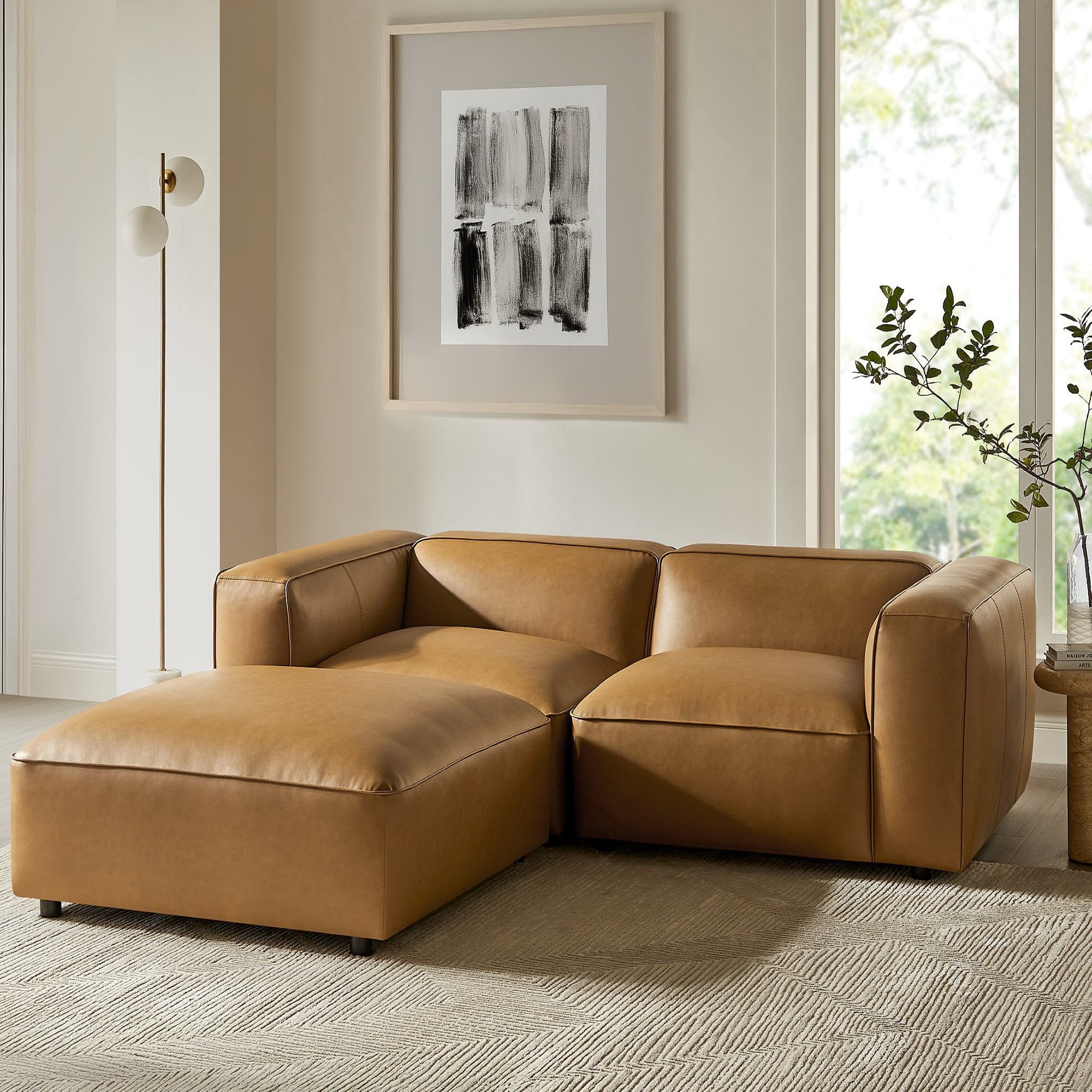 Modway Auren 3-Piece Upholstered Vegan Leather Modular Loveseat with Ottoman