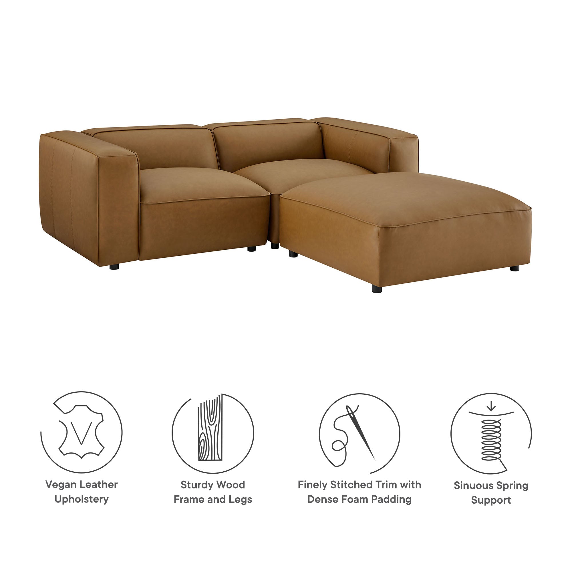 Modway Auren 3-Piece Upholstered Vegan Leather Modular Loveseat with Ottoman