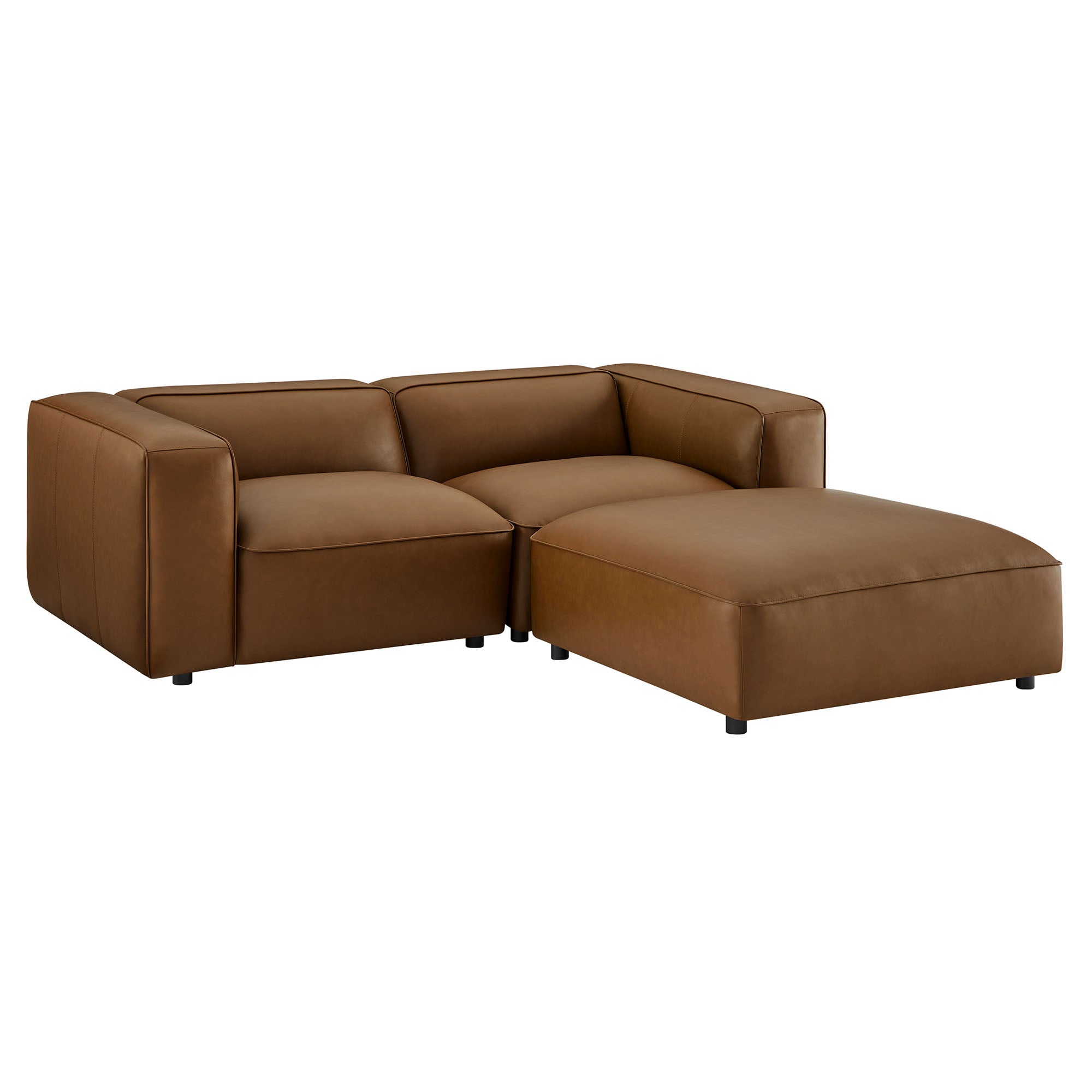 Modway Auren 3-Piece Upholstered Vegan Leather Modular Loveseat with Ottoman