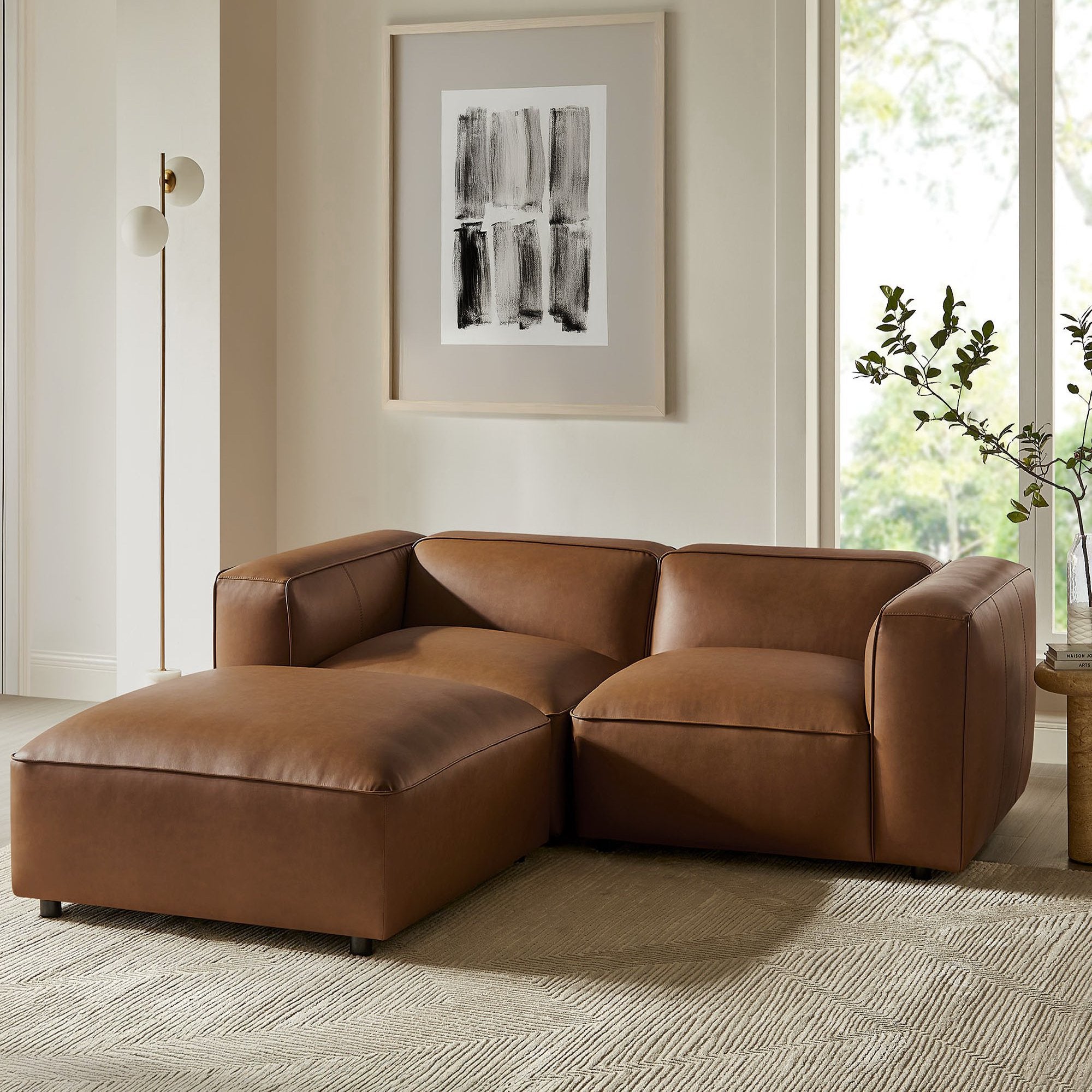 Modway Auren 3-Piece Upholstered Vegan Leather Modular Loveseat with Ottoman