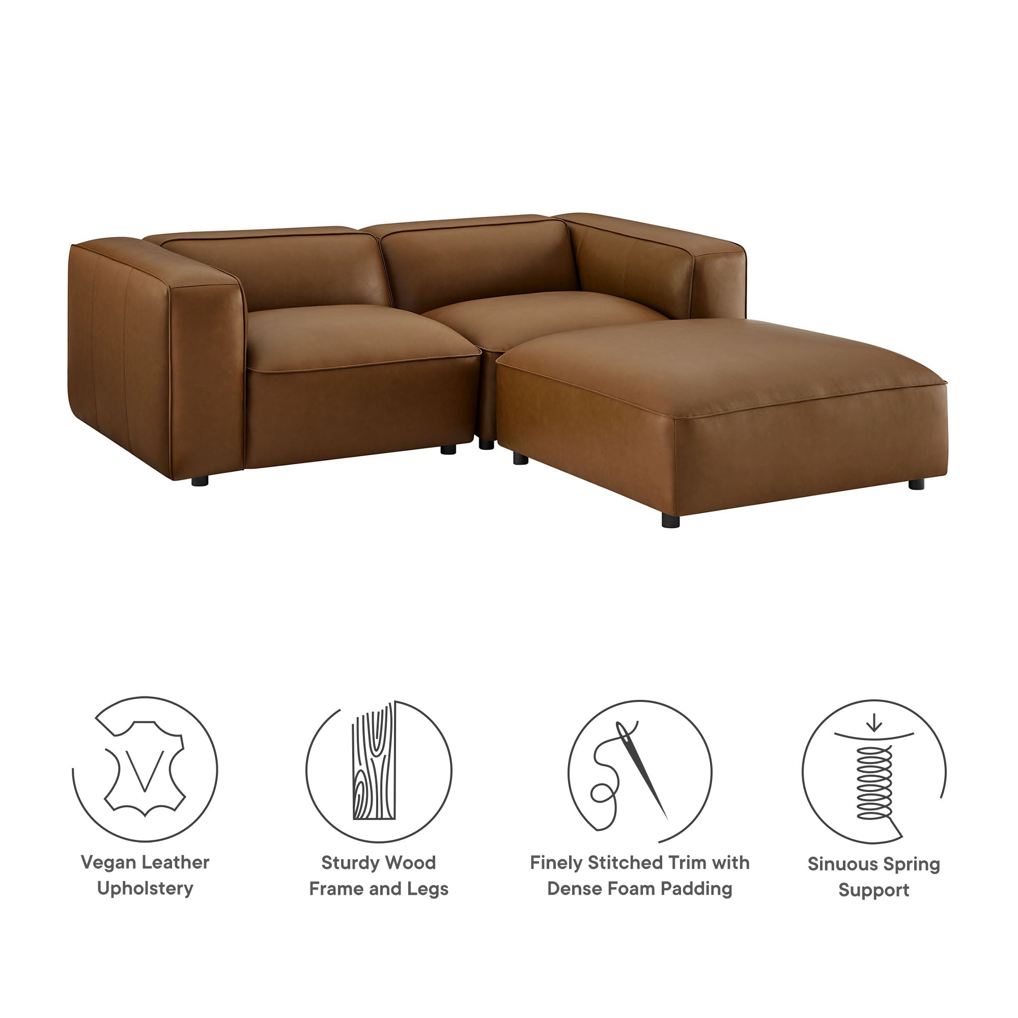 Modway Auren 3-Piece Upholstered Vegan Leather Modular Loveseat with Ottoman