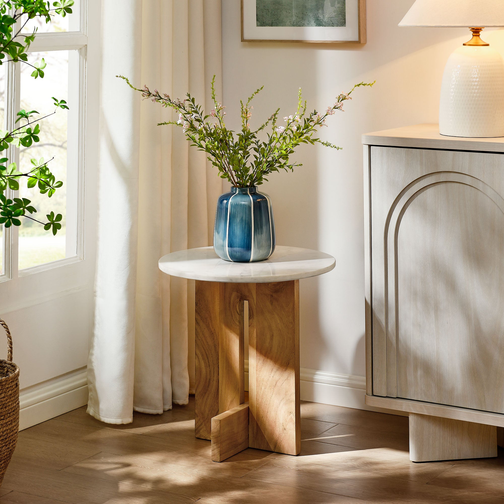 Modway Tarin Acacia Wood and Marble Side Table