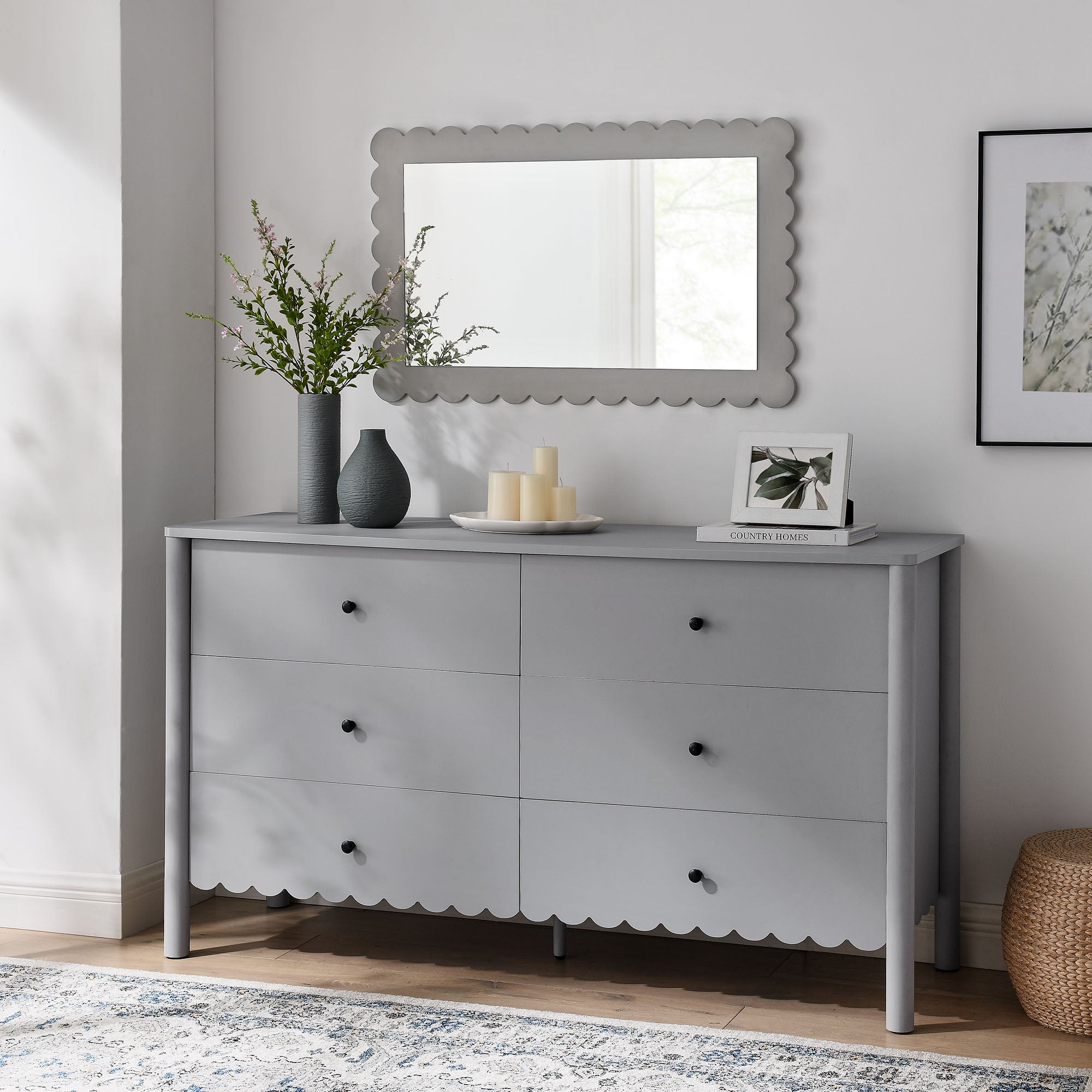 Emmeline Scalloped 6-Drawer Dresser – Light Gray, Sage, White (EEI-7157)