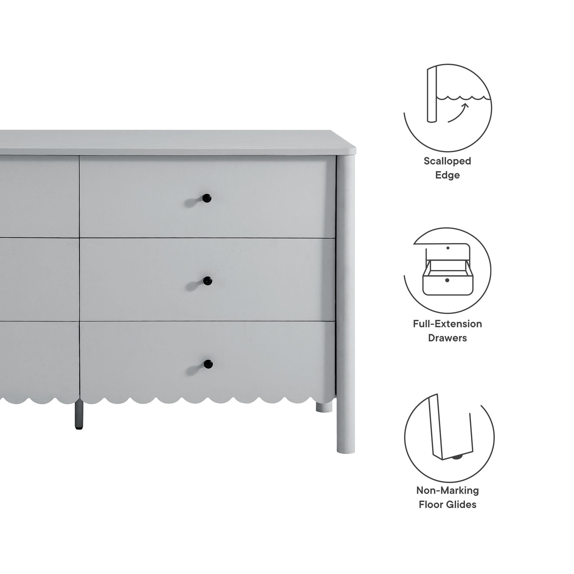 Emmeline Scalloped 6-Drawer Dresser – Light Gray, Sage, White (EEI-7157)