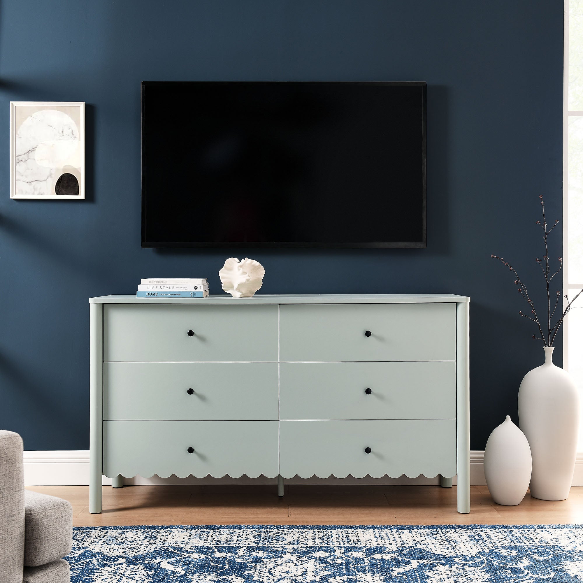 Emmeline Scalloped 6-Drawer Dresser – Light Gray, Sage, White (EEI-7157)