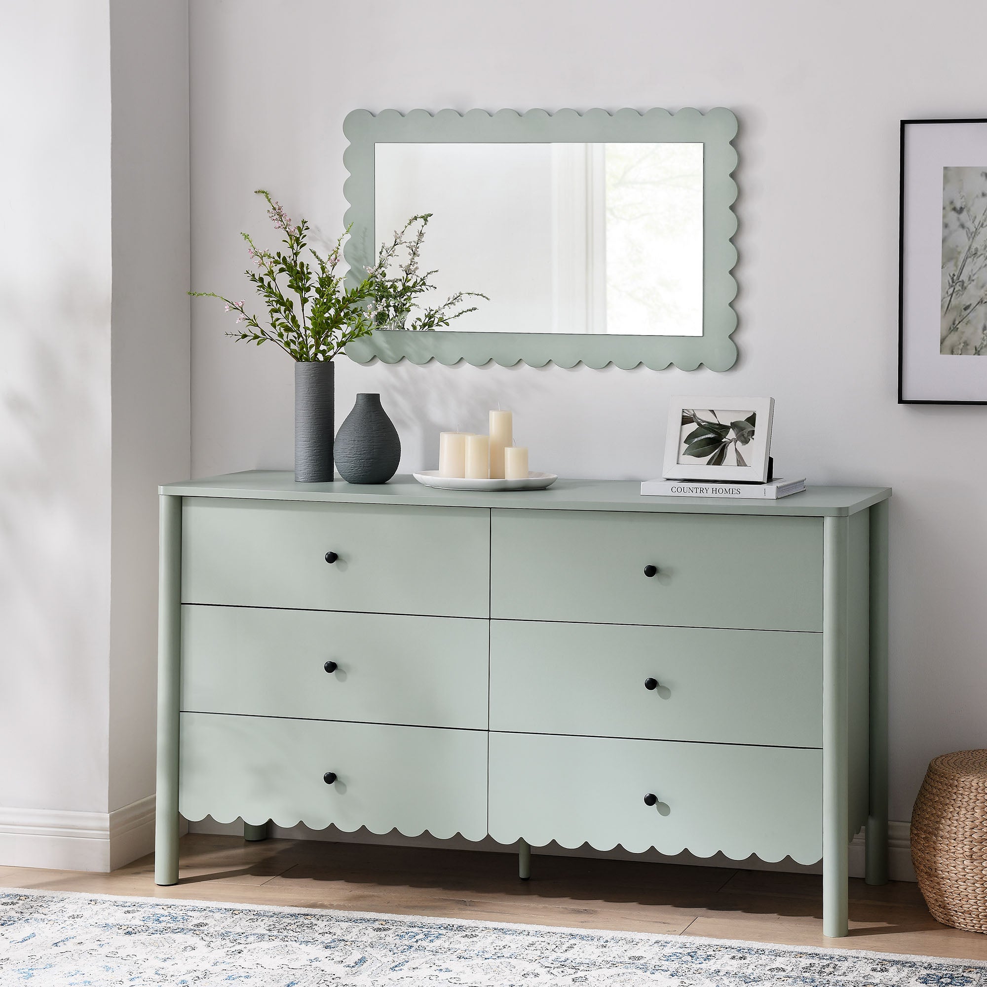 Emmeline Scalloped 6-Drawer Dresser – Light Gray, Sage, White (EEI-7157)