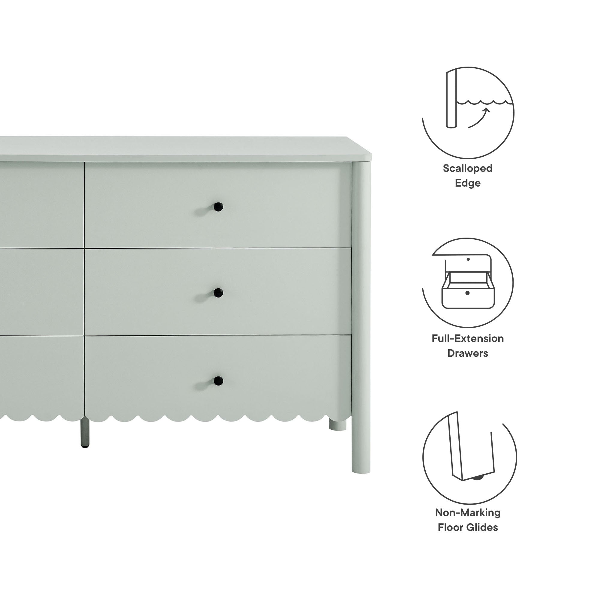 Emmeline Scalloped 6-Drawer Dresser – Light Gray, Sage, White (EEI-7157)