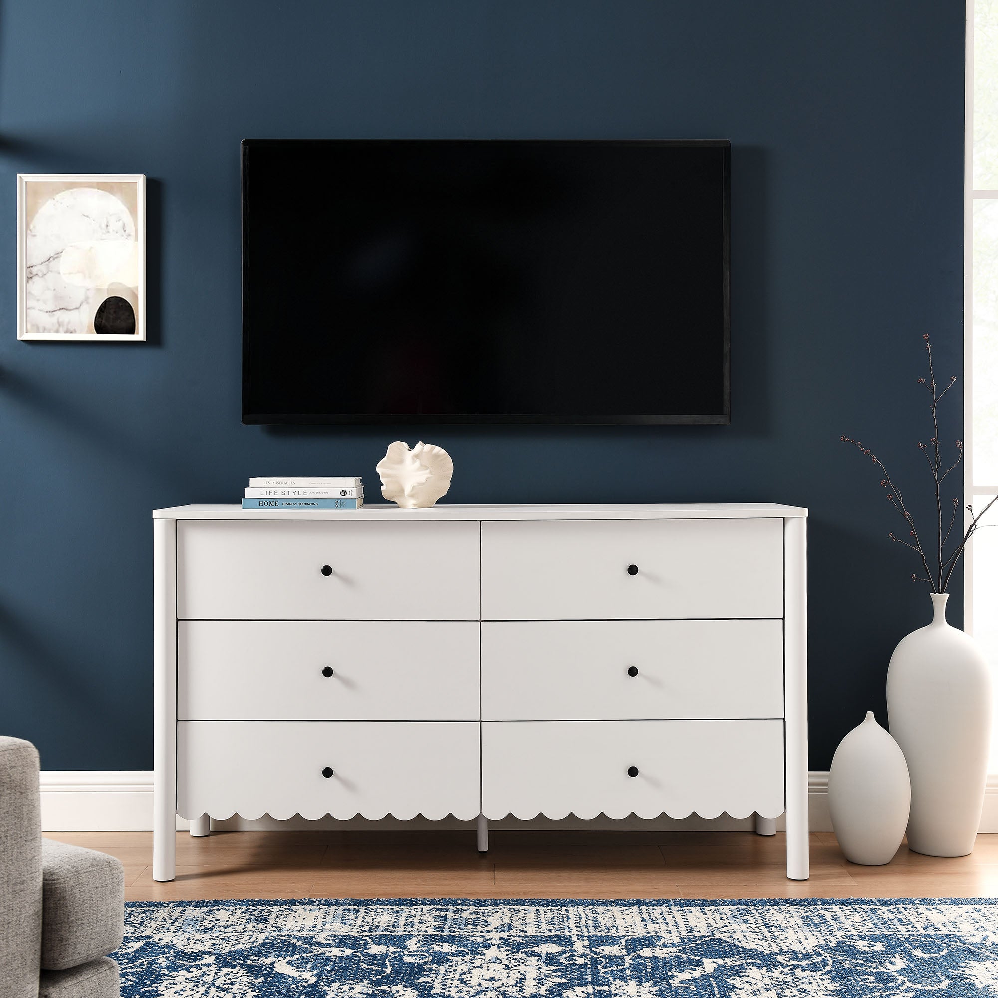 Emmeline Scalloped 6-Drawer Dresser – Light Gray, Sage, White (EEI-7157)