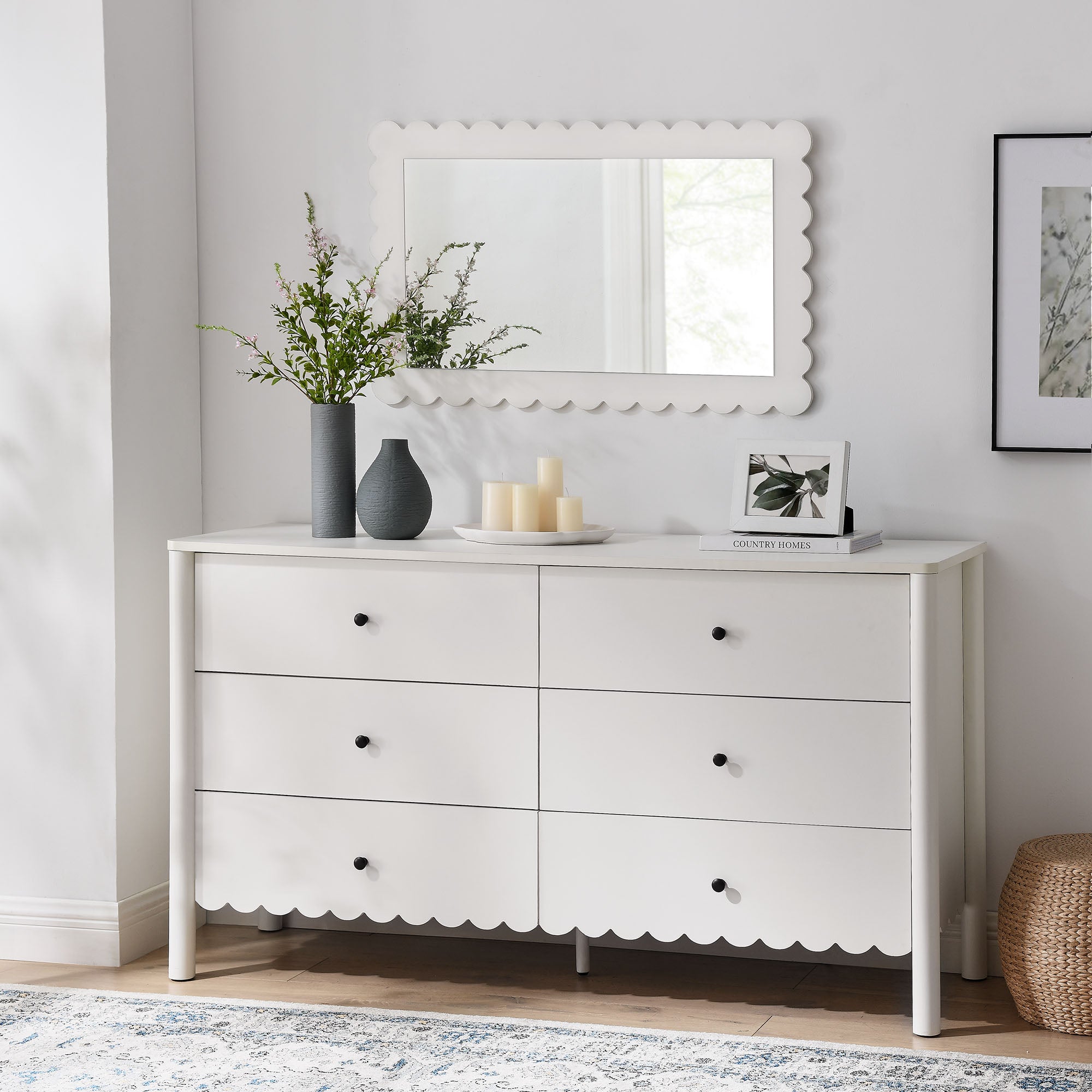 Emmeline Scalloped 6-Drawer Dresser – Light Gray, Sage, White (EEI-7157)