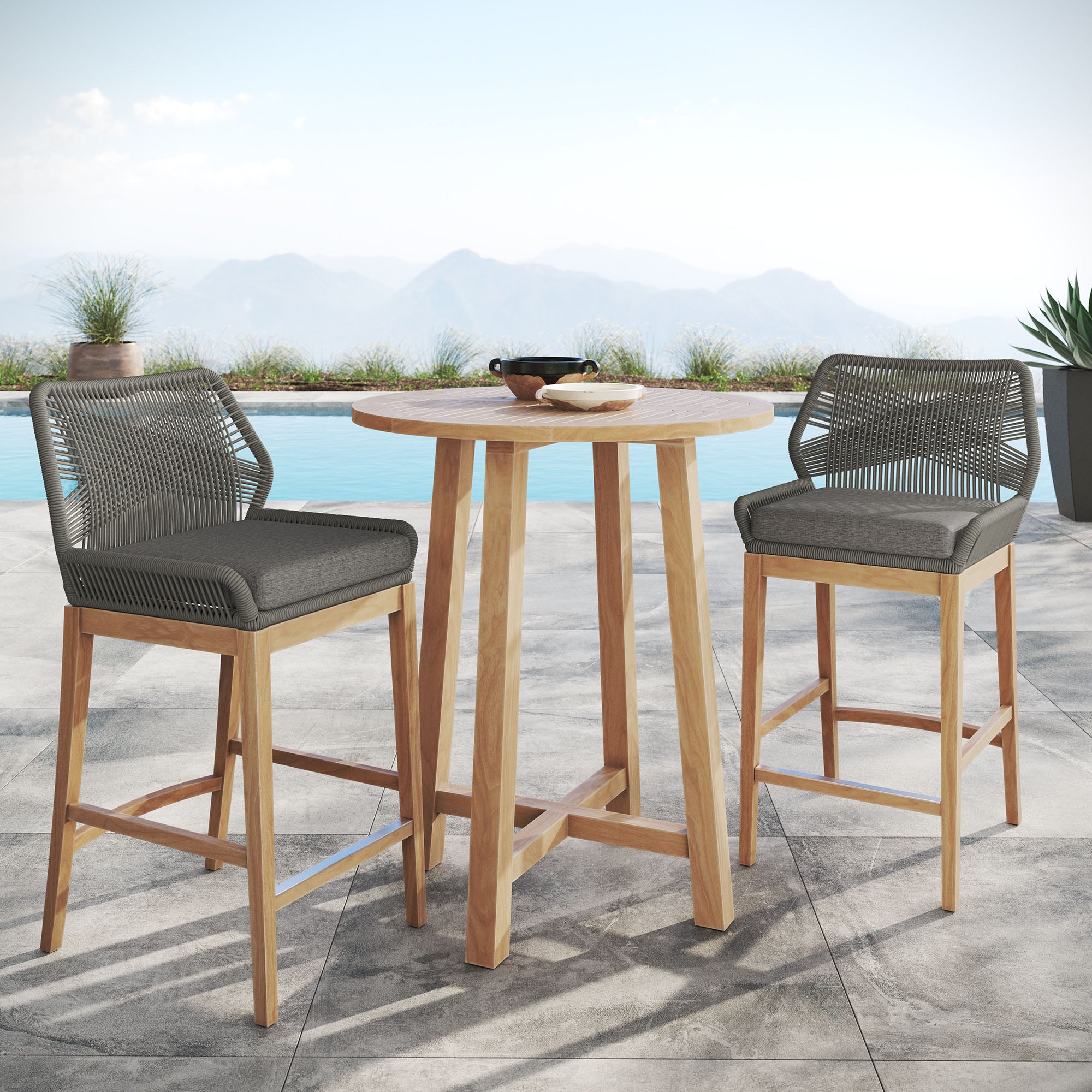 Modway Wellspring 3-Piece Outdoor Patio Teak Wood Bar Set