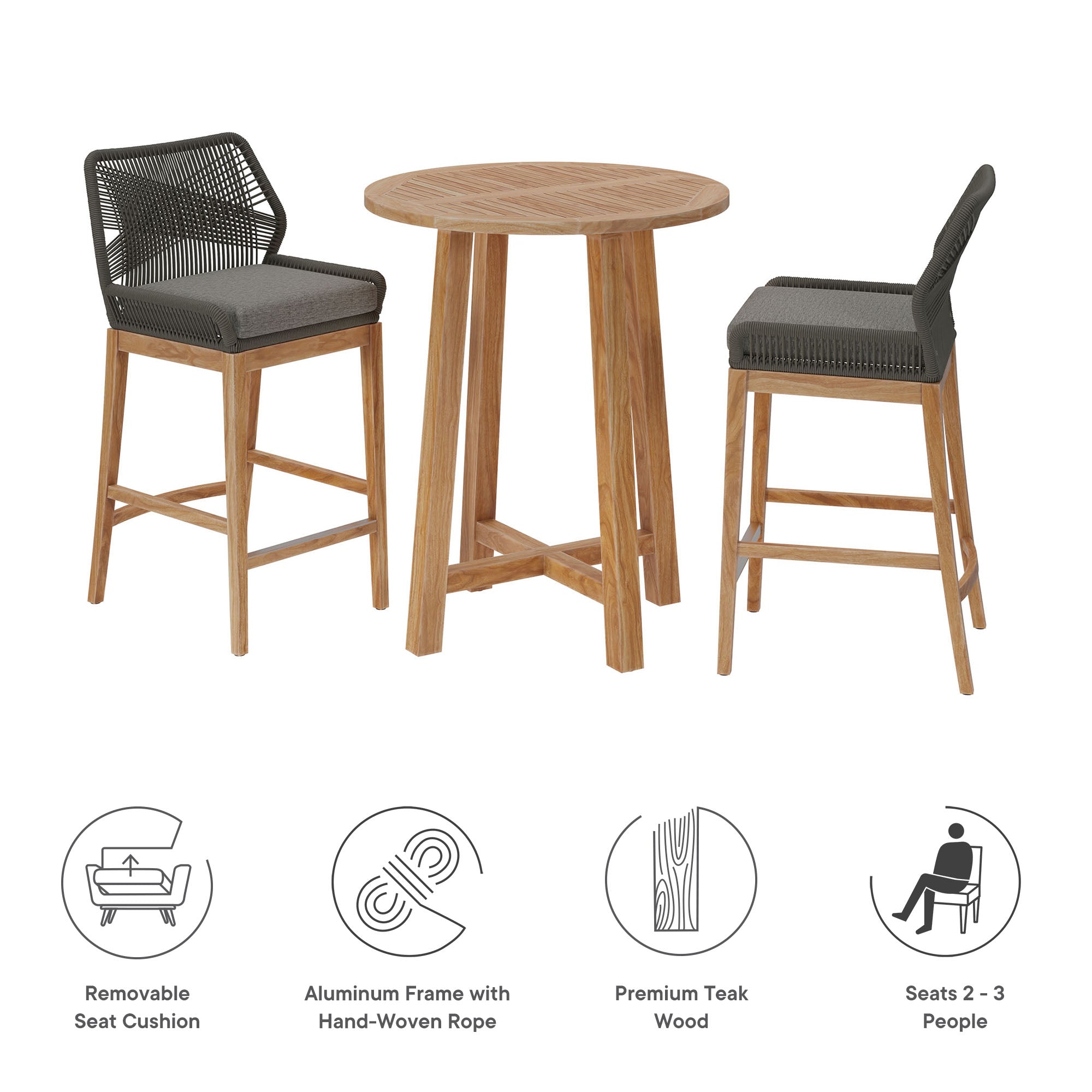 Modway Wellspring 3-Piece Outdoor Patio Teak Wood Bar Set