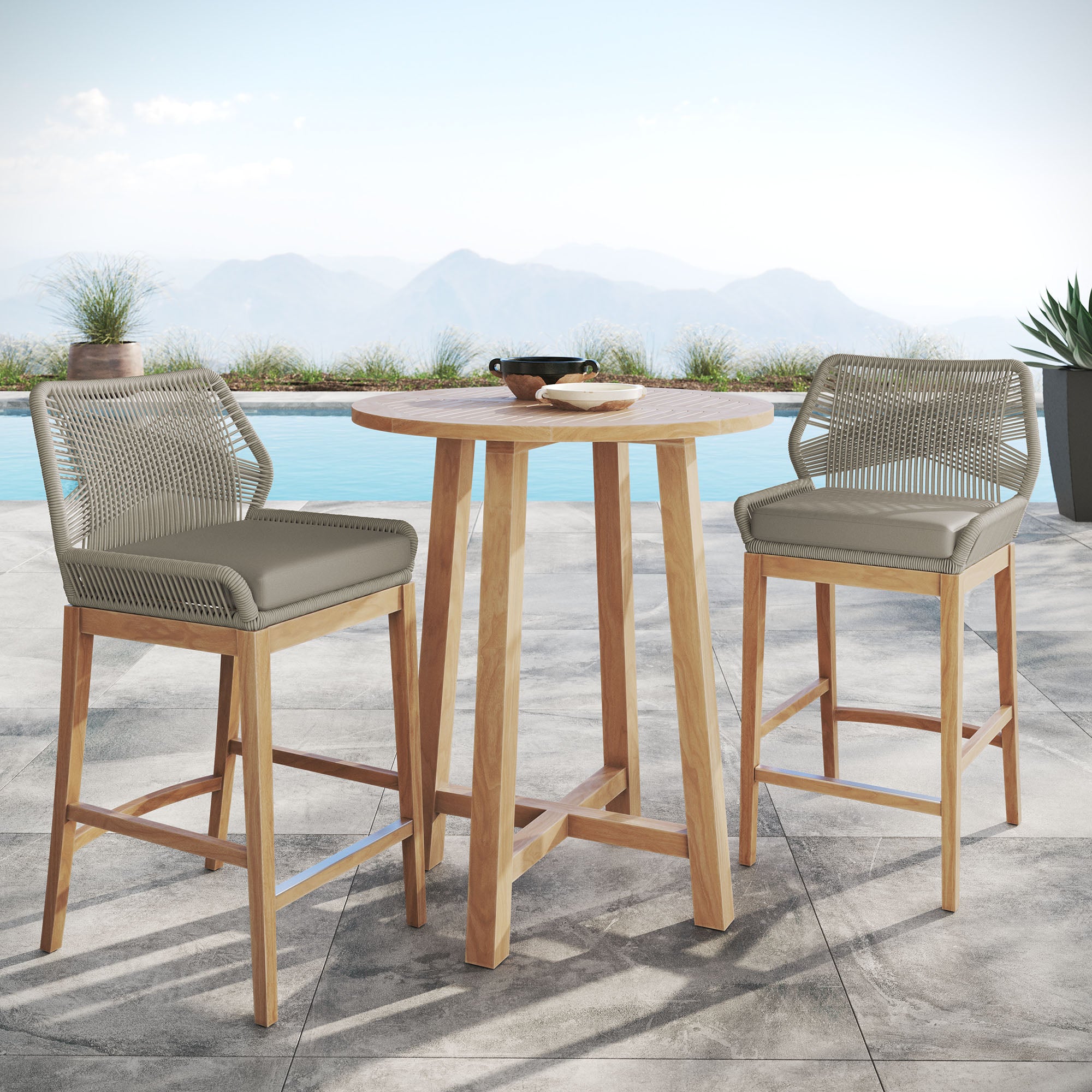 Modway Wellspring 3-Piece Outdoor Patio Teak Wood Bar Set