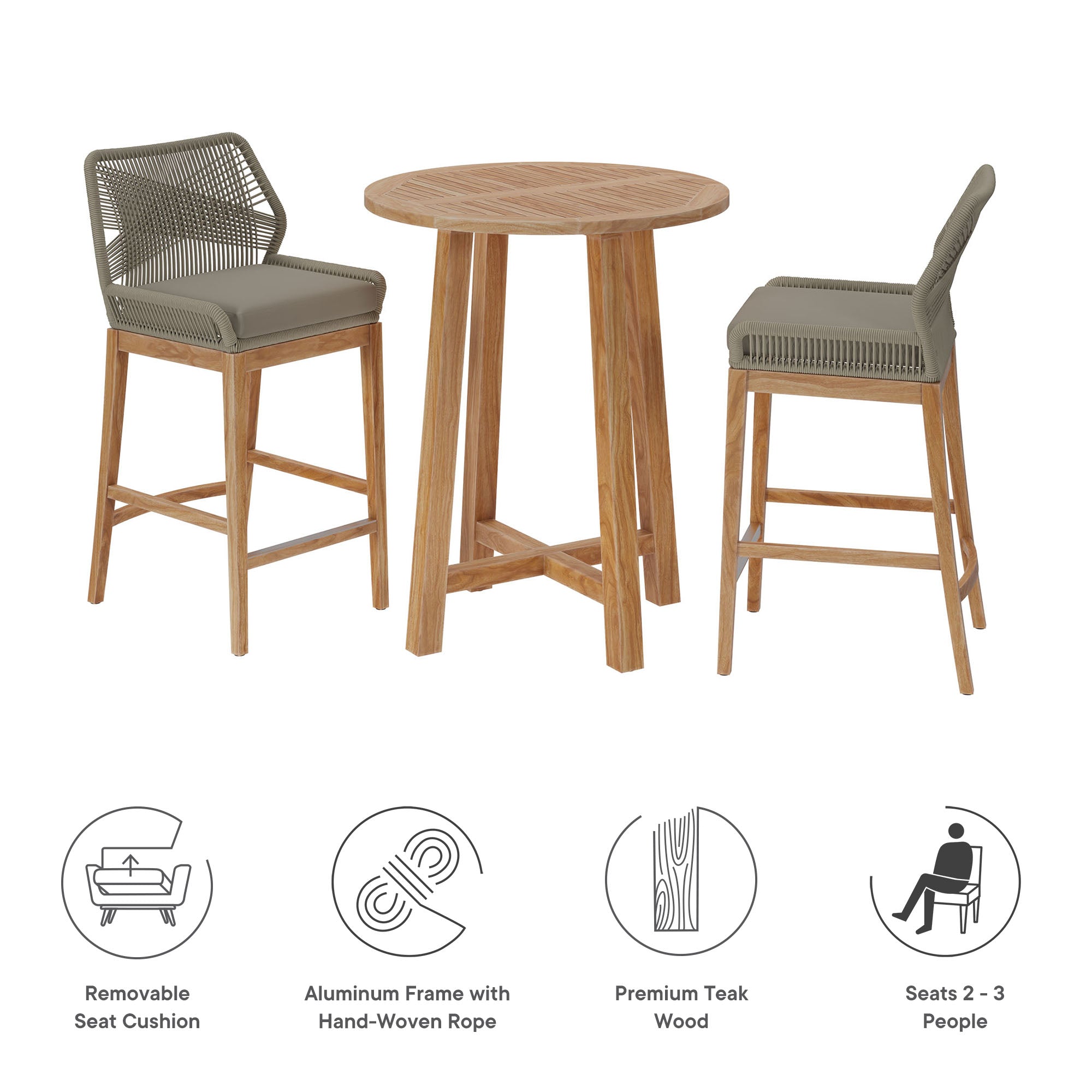 Modway Wellspring 3-Piece Outdoor Patio Teak Wood Bar Set