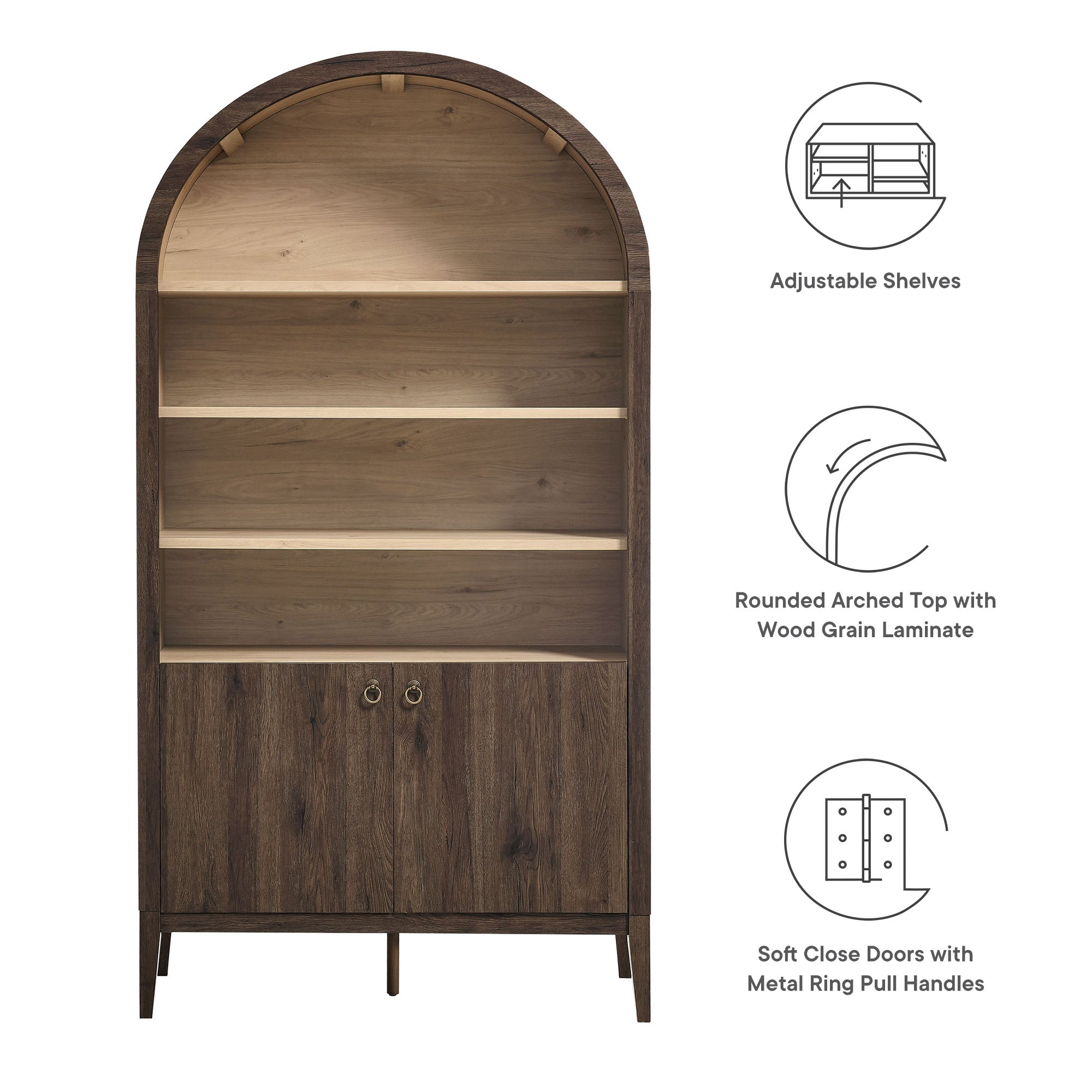Modway Nolan 74" Tall Wide Arched Storage Display Cabinet Bookshelf