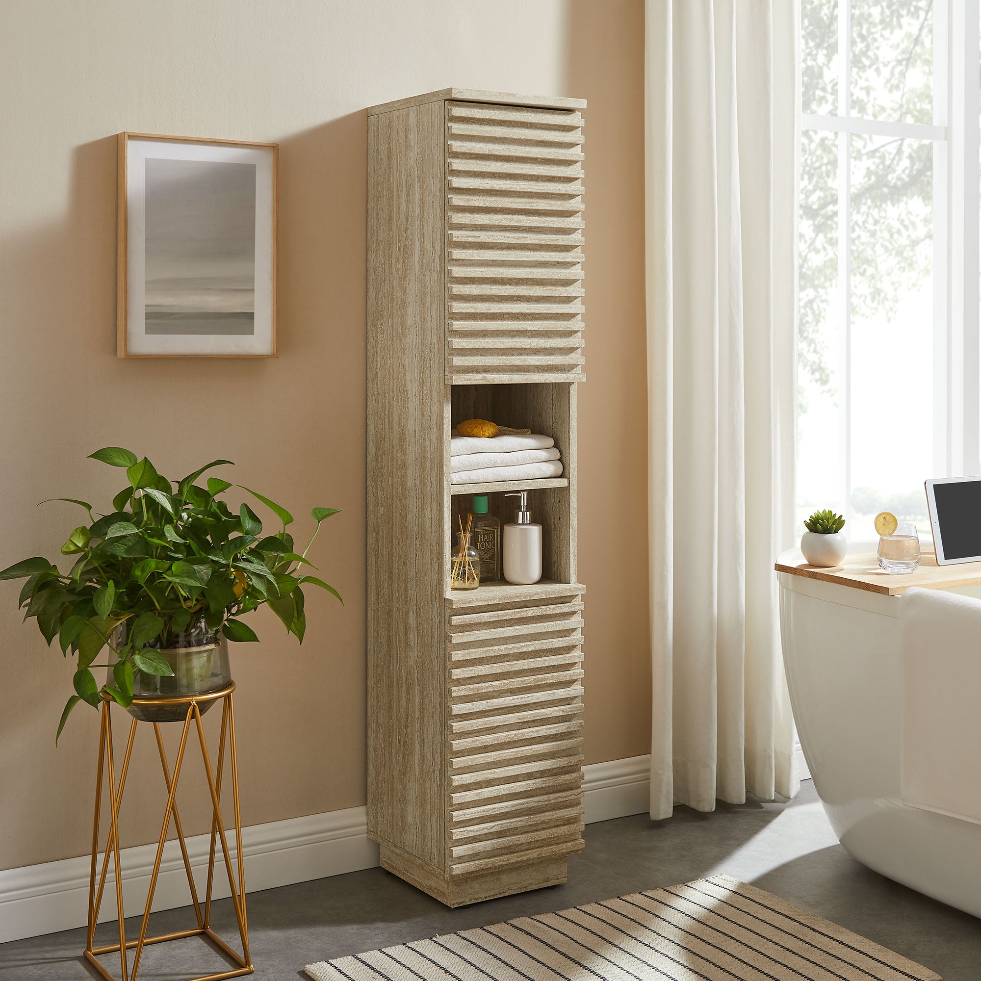 Modway Render Tall Narrow Faux Travertine Linen Storage Cabinet