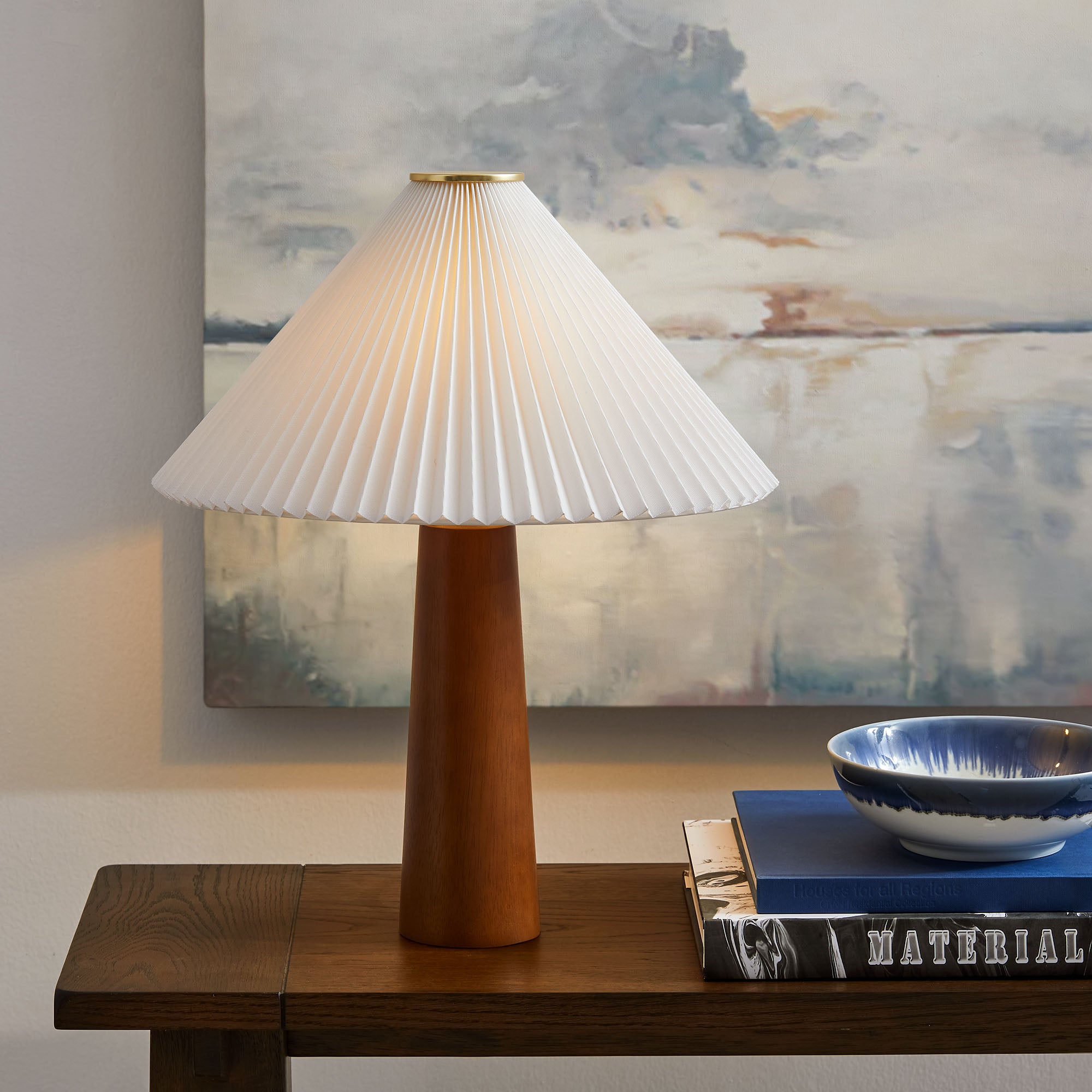 Jessica Wooden Base Table Lamp With Pleated Fabric Shade