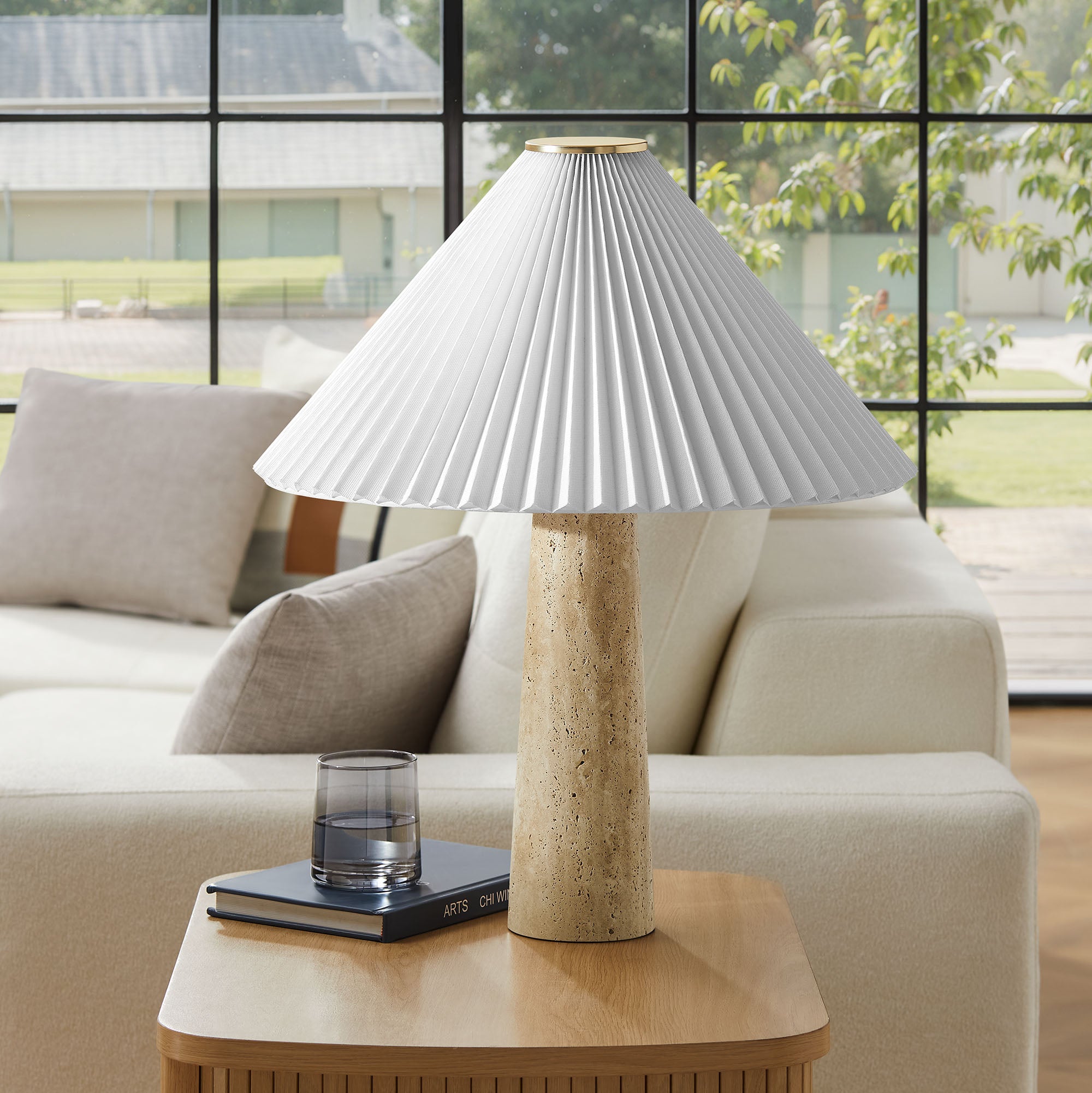 Cove Travertine Table Lamp With Pleated Shade