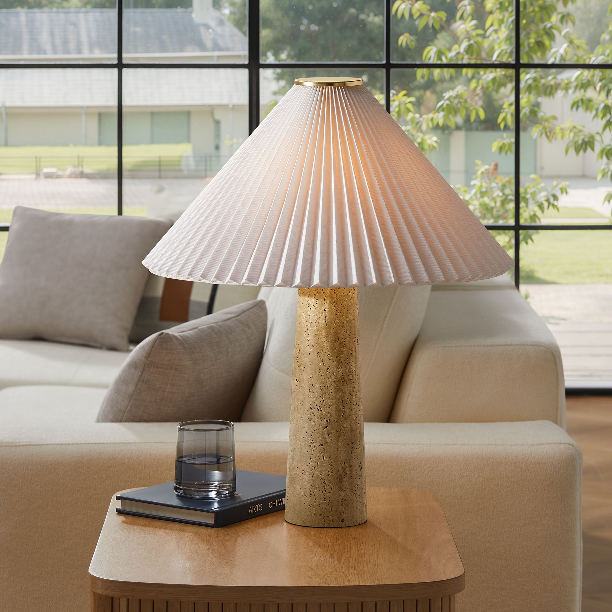 Cove Travertine Table Lamp With Pleated Shade