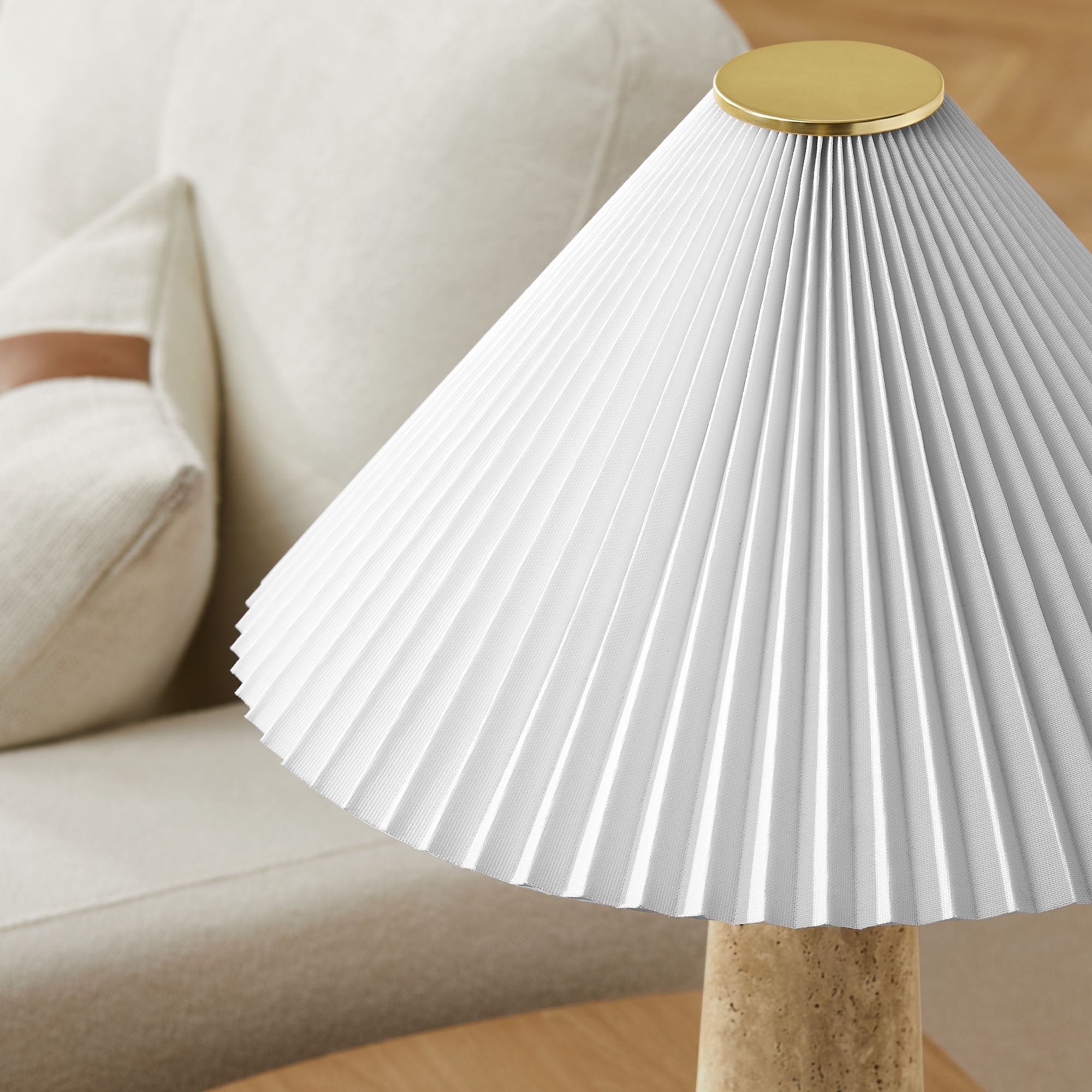 Cove Travertine Table Lamp With Pleated Shade