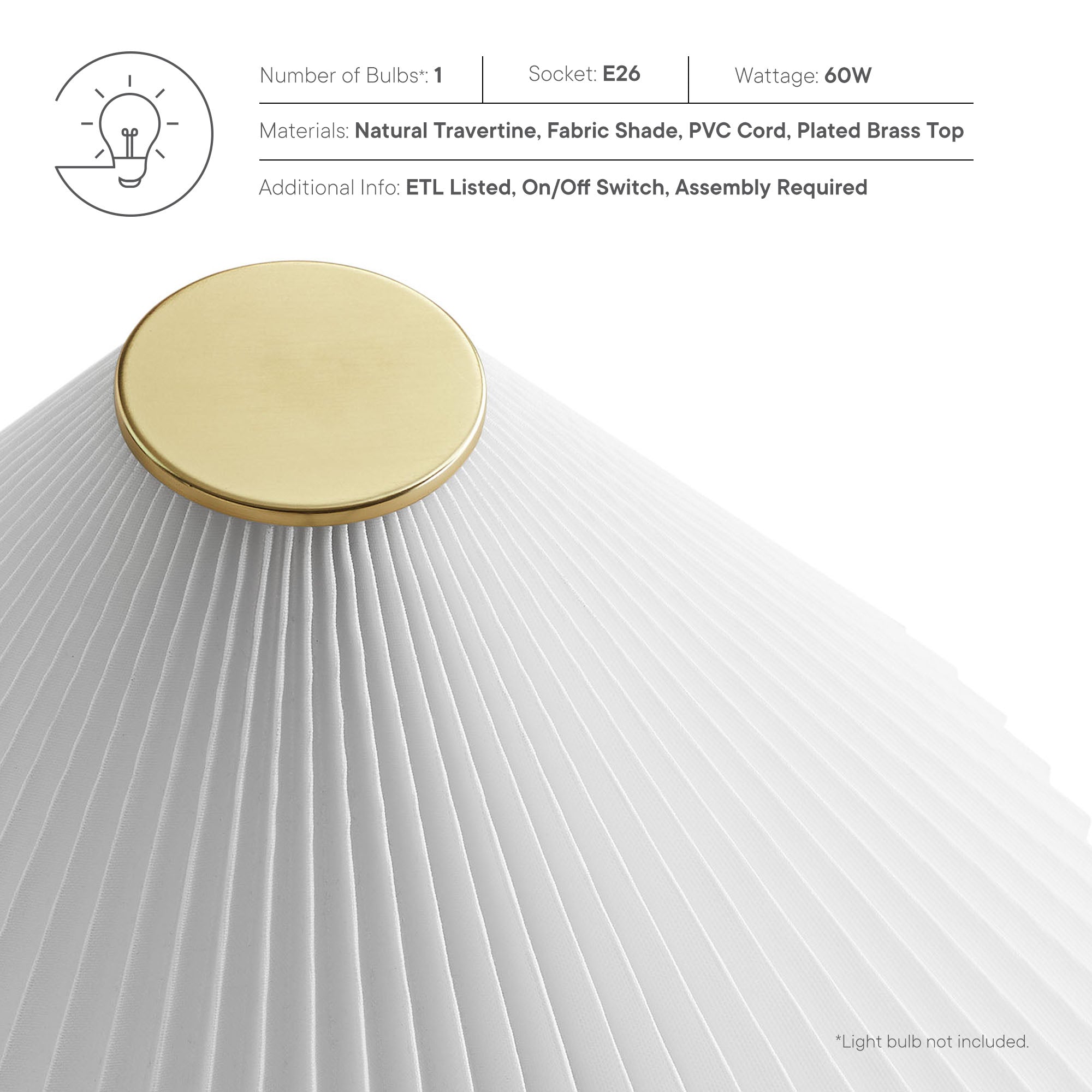 Cove Travertine Table Lamp With Pleated Shade